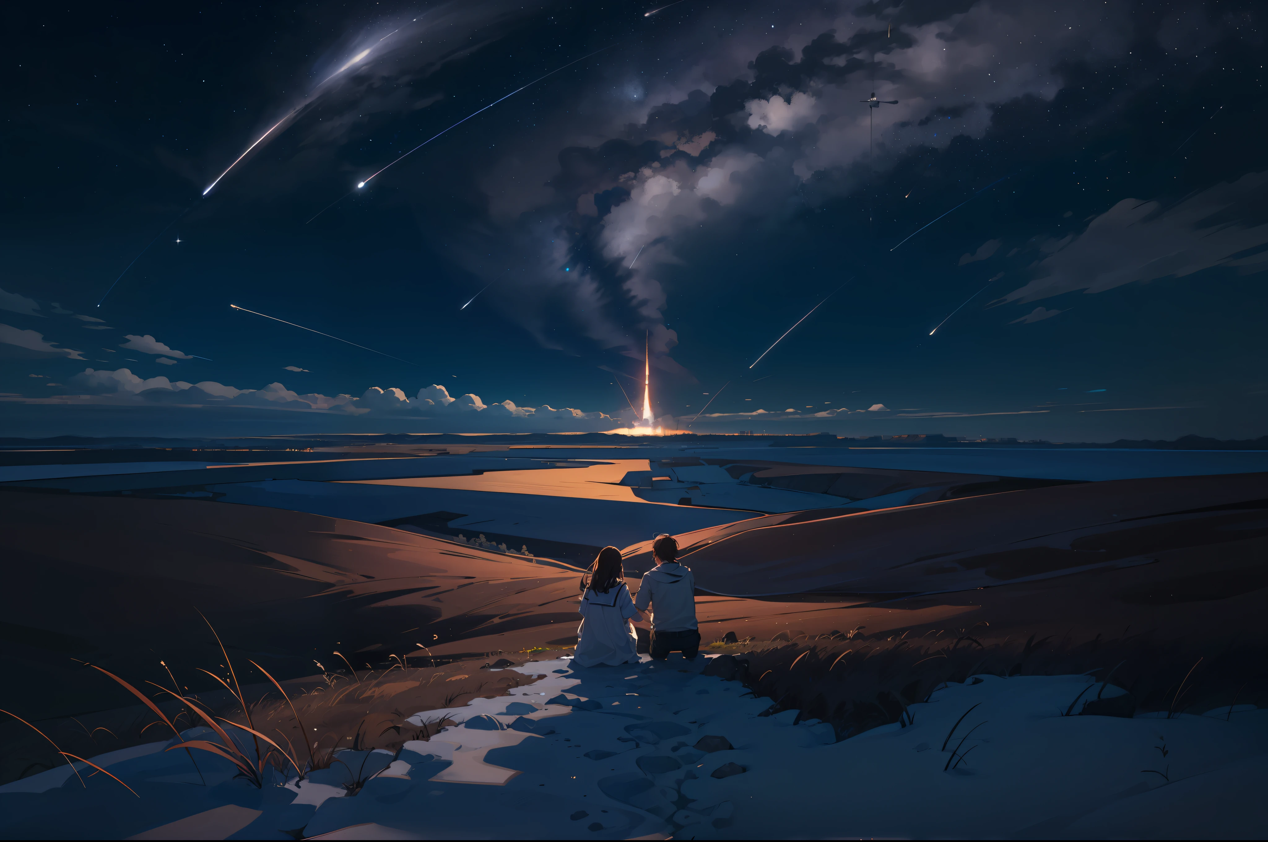 Expansive landscape photograph,look from down,Above is the sky,Below are open fields。Student couple sitting on the prairie,brunette color hair,The wind blows the hair。tmasterpiece,Starry sky at night,No moon。rocket launching into the sky,The couple watched intently as the rocket launched,focal point。zoomout,People look small,It was dark,The launch base can be seen,Have a dream,mountain cliff。