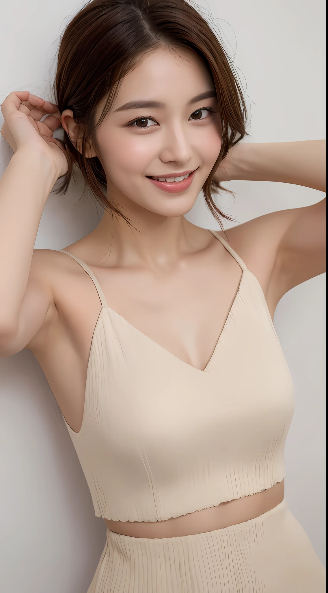 ((Best Quality, 8K, Masterpiece: 1.3)), 1 Girl, Slim Abs Beauty: 1.3, (Hairstyle Brown Hair Shortcut, Big: 1.2), Dress: 1.1, Super Slender Face, Delicate Eyes, Double Eyelids, Smile, Home, Raw Photo