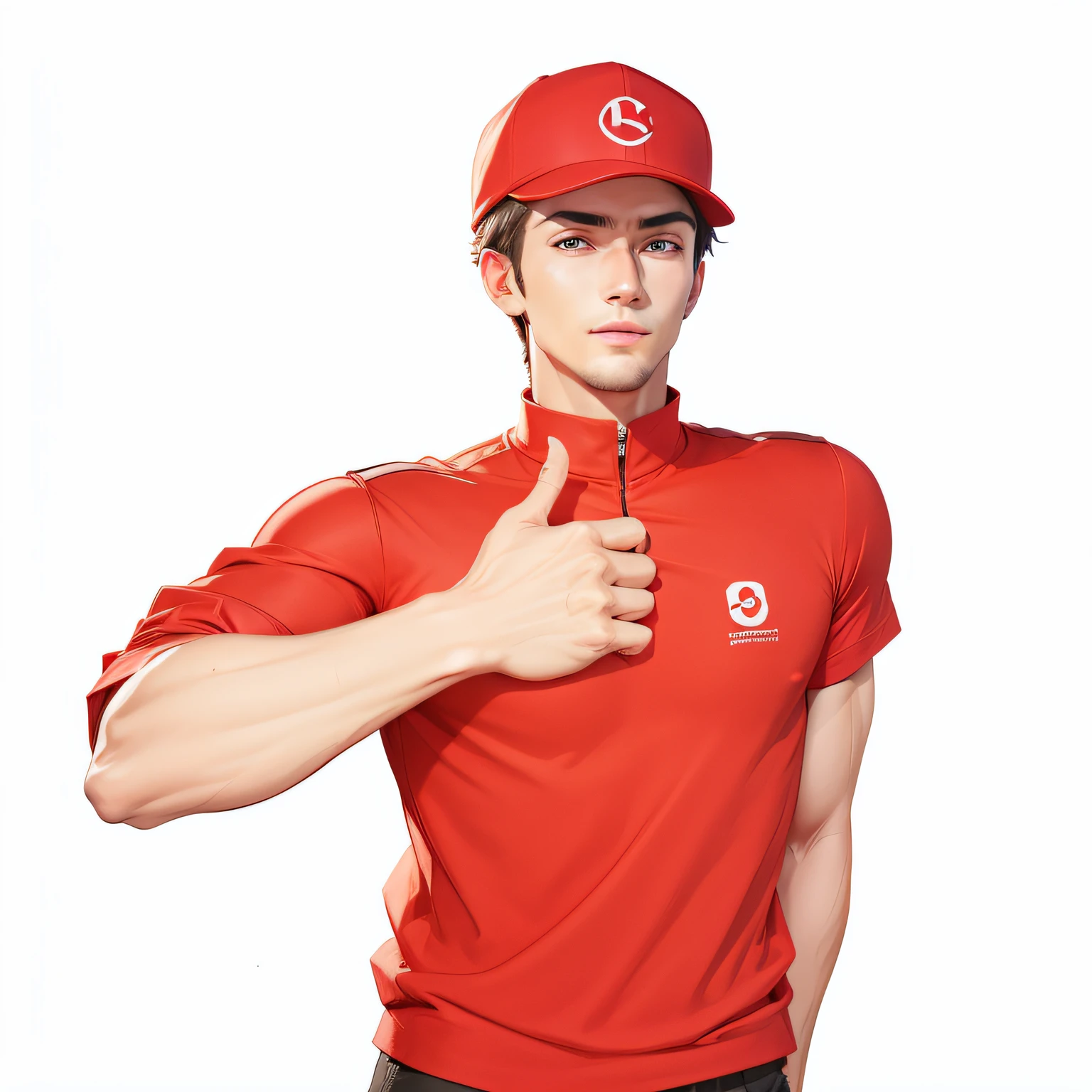 One wears a red cap,Handsome guy in red short-sleeved clothes gives a thumbs up --auto