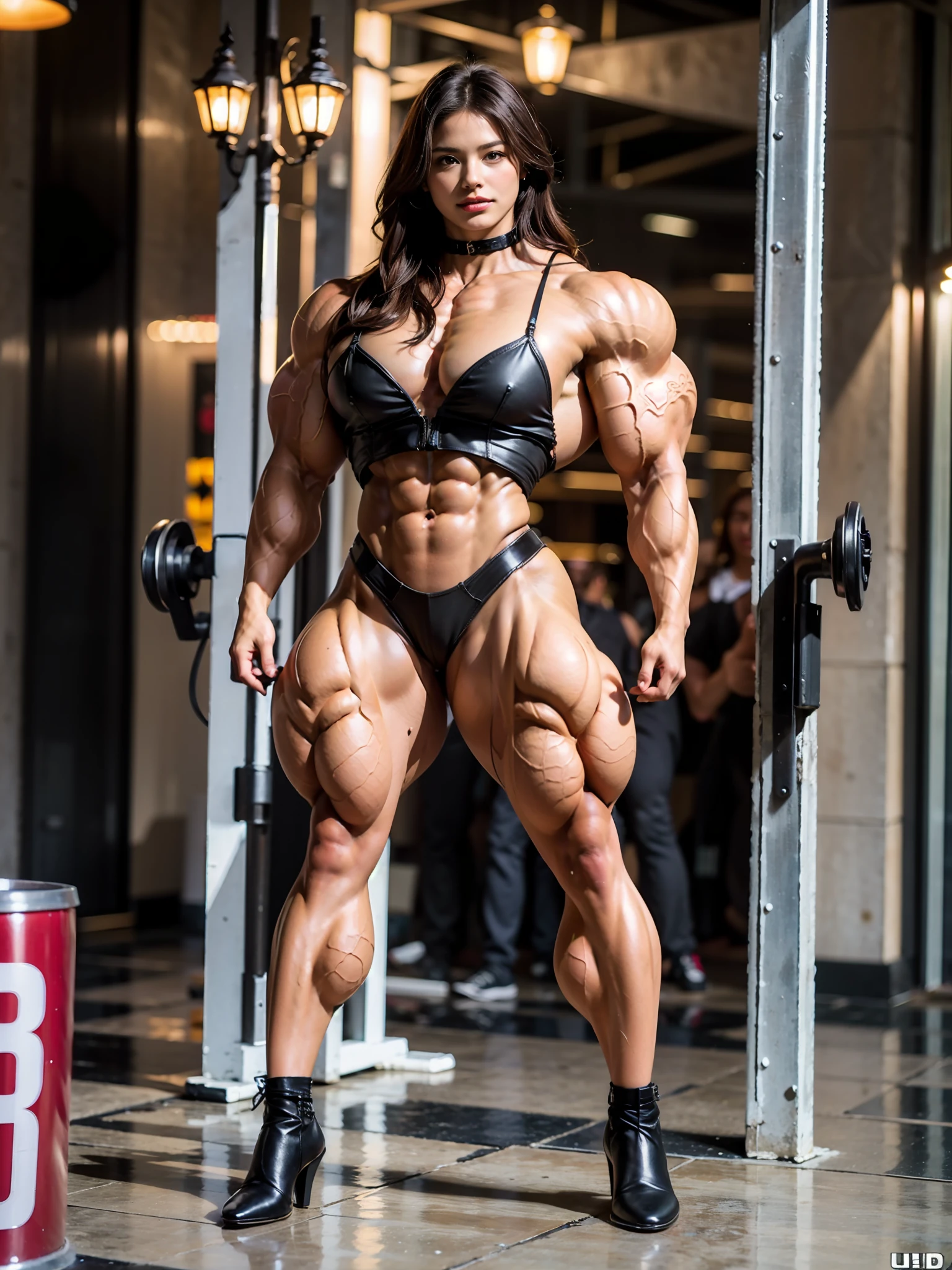 A very muscular lilith in the style of D14bl0 in panties, (1girl), (perfect anatomy:1.5), (super muscular professional bodybuilder:1.5), (full body pose:1.5), (huge muscular arms:1.5), perfect model face, beautiful gorgeous smile, (super muscular physique:1.5), (muscular female bodybuilder:1.5), (huge muscular arms:1.5), (Larger biceps:1.75), large forearms, (((narrow hips))), veins everywhere, thin thighs, (thinner legs), (larger upper body:1.5), (small pecs), muscular chest, small waist, (perfect fingers:1.2), (full body pose), (UHD 8k:1.5), solo female, realistic image, high detail, photo quality, beautiful girl, best quality, ultra-detailed, masterpiece, finely detail, realistic skin texture, 85 mm art lens, f 1.2, sharp focus, 8 k high definition, insanely detailed, intricate, elegant,