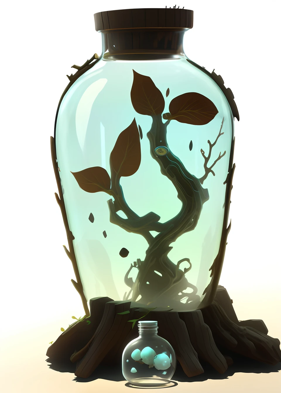 Biotech glass jars,There is a small branch inside, hyperdetailed scp artifact jar, head in a jar, Petscop, Wood and glass details