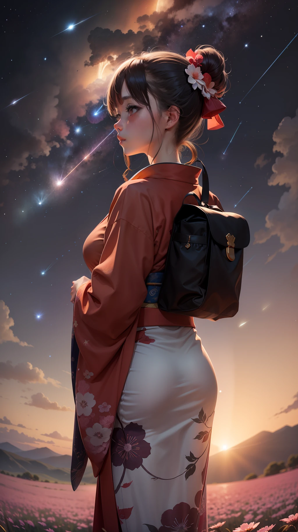 1girl, distant girl wearing a kimono staring at the stars, (zoomed out:1.1), (meteor shower:1.2), (comet:1.1), your name, low angle, from behind, aroura borealis, shooting star, yukata, red kimono, cherry blossoms, standing in a field,best quality, masterpiece,  cloud,colorful, starry,stars,