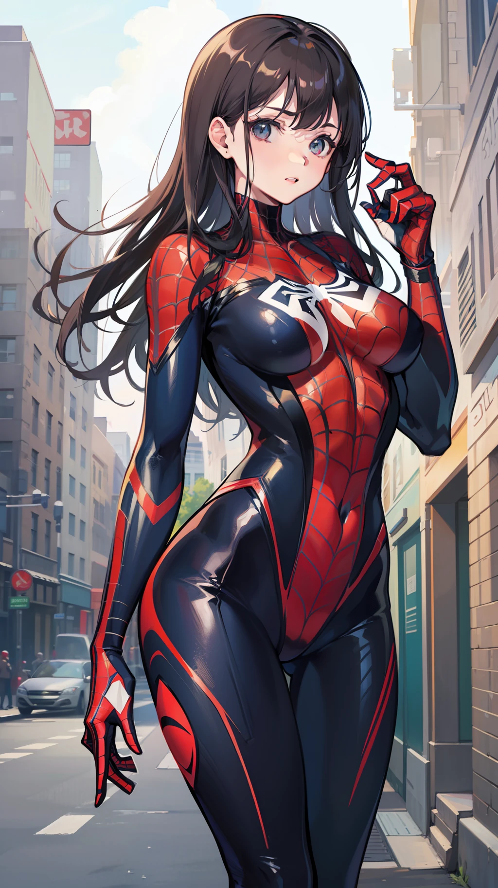 The female version of Spider-Man,All-inclusive Spider-Man suit,Sexy standing pose,Standing on the side of the street