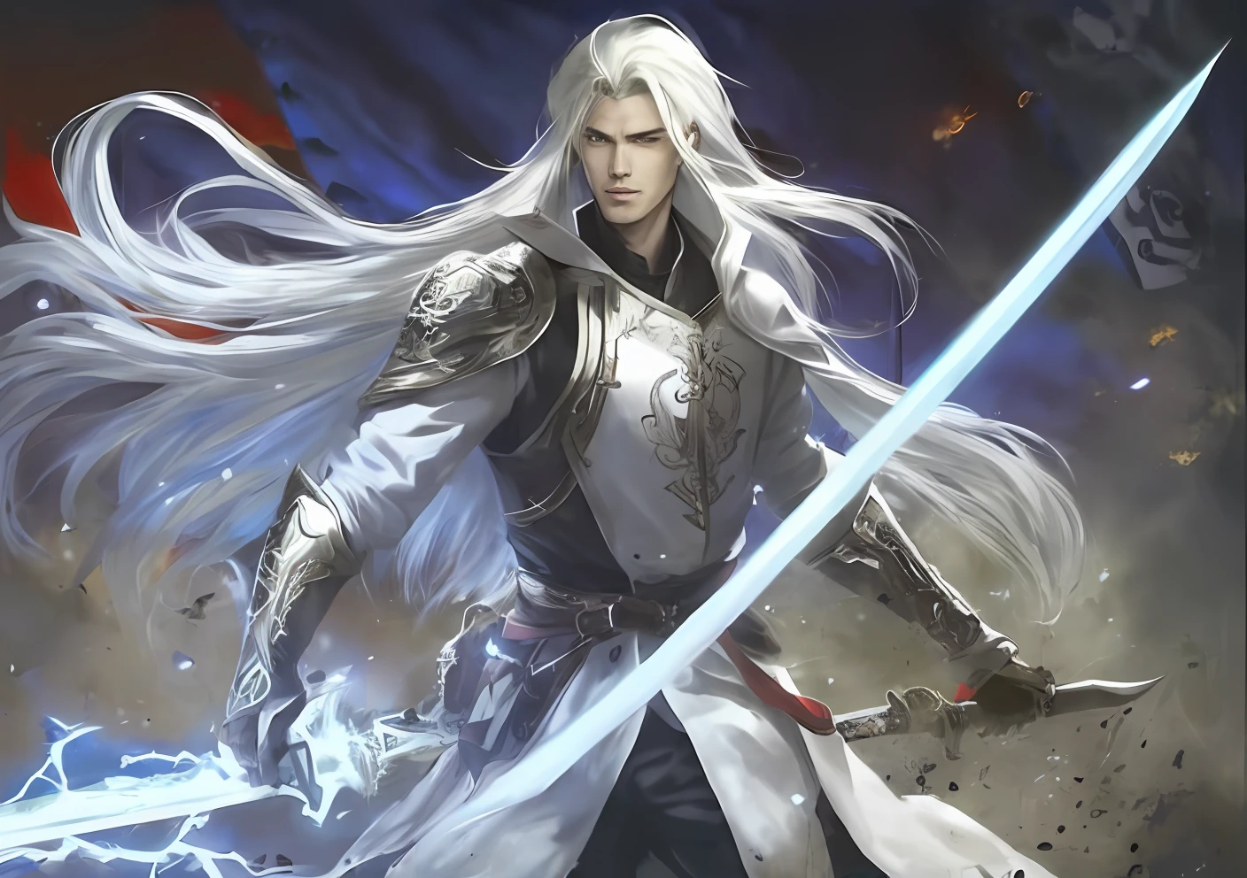 26 years old handsome man,long whitr hair,white color hair,Holding a long sword,Electro-optical surrounding,Ambitious strategists