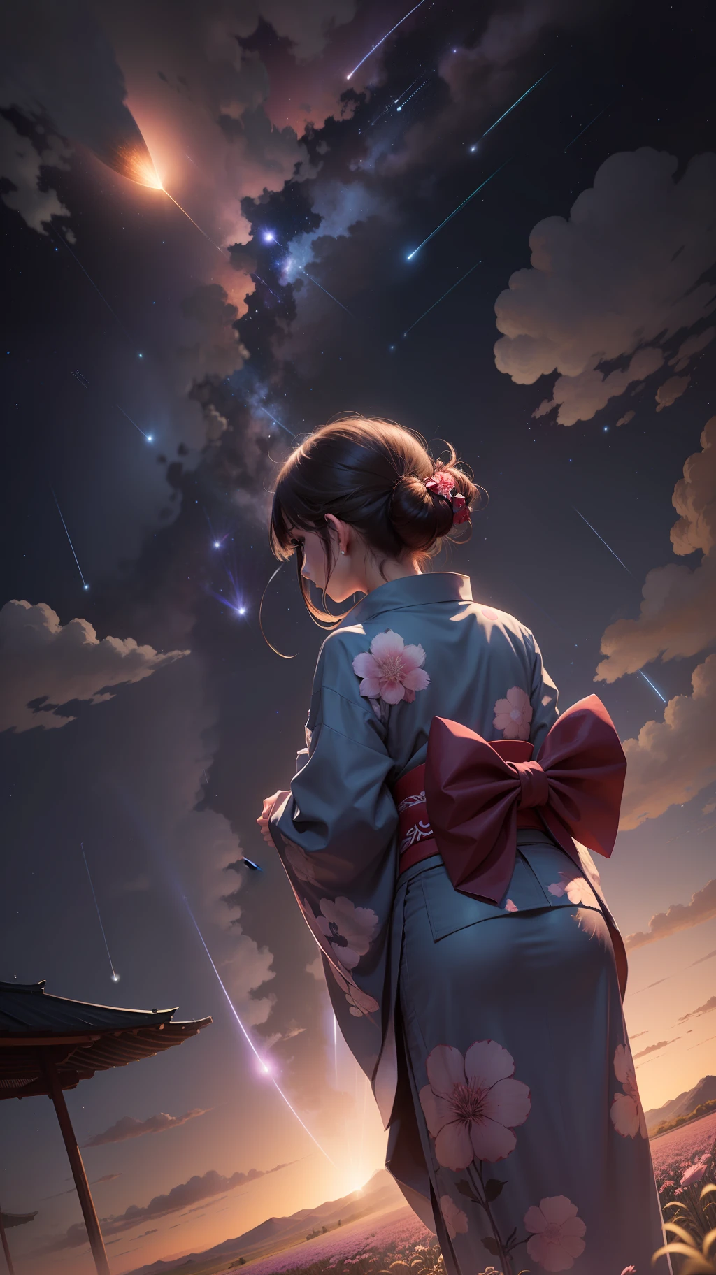 1girl, distant girl wearing a kimono staring at the stars, (zoomed out:1.1), (meteor shower:1.2), (comet:1.1), your name, low angle, from behind, aroura borealis, shooting star, yukata, red kimono, cherry blossoms, standing in a field,best quality, masterpiece, cloud,colorful, starry,stars,