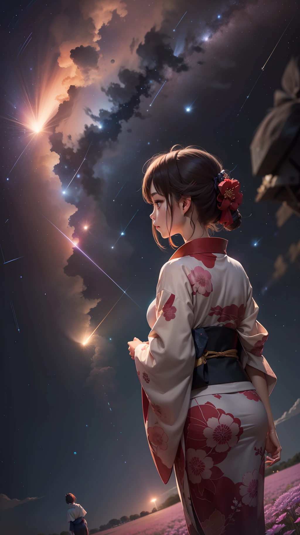1girl, distant girl wearing a kimono staring at the stars, (zoomed out:1.1), (meteor shower:1.2), (comet:1.1), your name, low angle, from behind, aroura borealis, shooting star, yukata, red kimono, cherry blossoms, standing in a field,best quality, masterpiece, cloud,colorful, starry,stars,