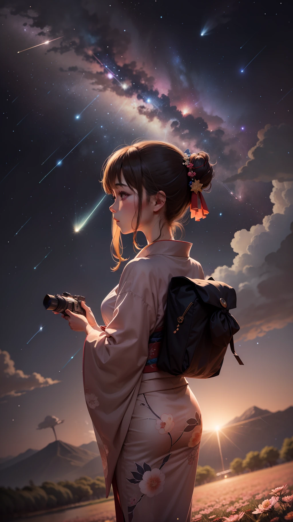 1girl, distant girl wearing a kimono staring at the stars, (zoomed out:1.1), (meteor shower:1.2), (comet:1.1), your name, low angle, from behind, aroura borealis, shooting star, yukata, red kimono, cherry blossoms, standing in a field,best quality, masterpiece, cloud,colorful, starry,stars,