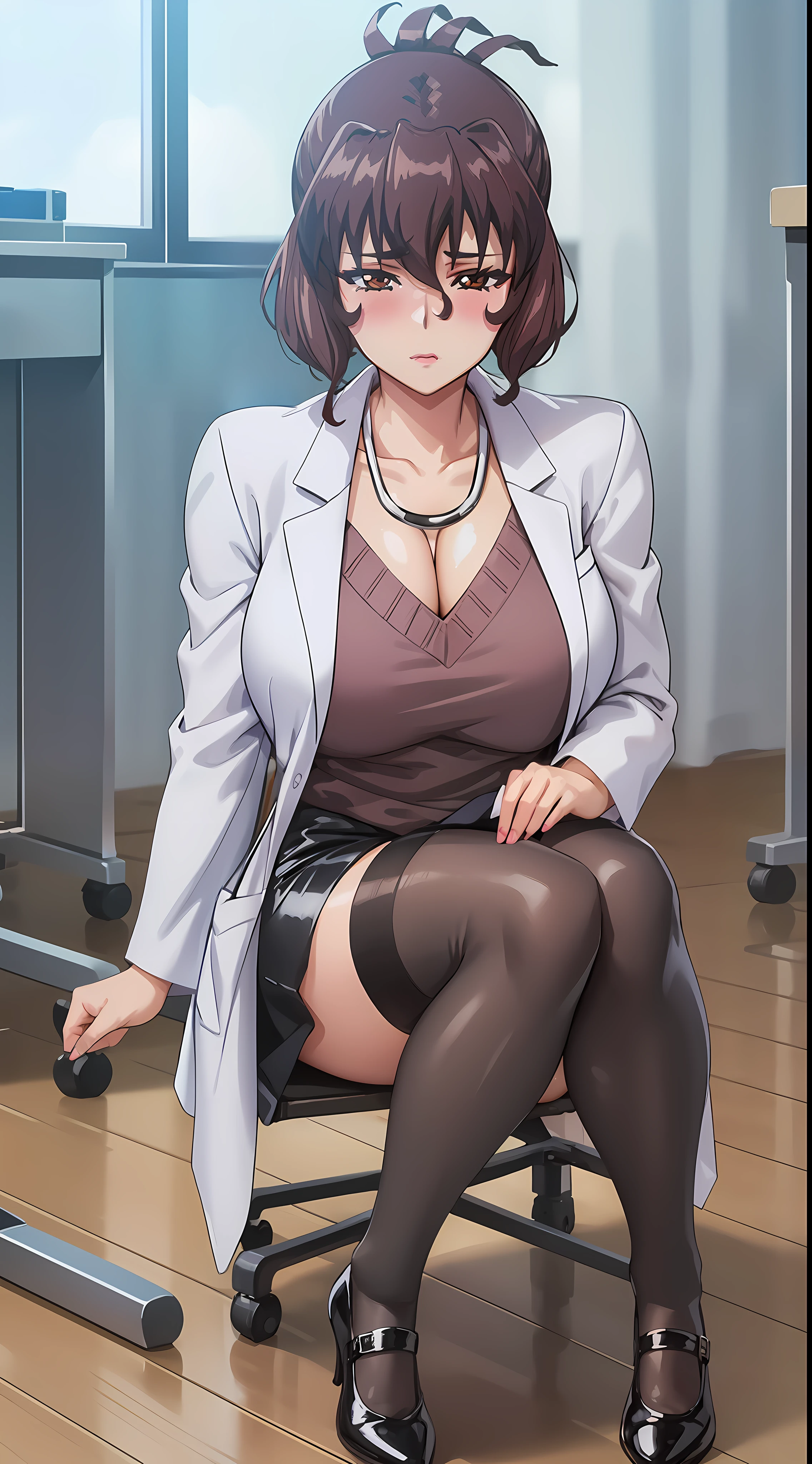 (beautiful hand:1.2), (masterpiece, best quality:1.3), Aiko Katsuragi, mature female, (full body shot:1.05), milf, (curvy:0.9), 1girl, anime face, sitting on chair, doctor, labcoat, stethoscope, short pencil skirt, (thighhighs:1.05), highheels, makeup, large breasts, lipstick, brown eyes, folded ponytail, brown hair, cleavage, perfect body, (athletic body:1.1), perfect eyes, anime eyes, smoky eyeliner, eyeshadow, perfect face, caring face, glance, blush, high sharpness, sharp focus, medical room, professional artwork, intricate details, vivid colors, Diffused lighting, digital blending, ultra detailed body, ultra detail hair, ultra detail face, trending on pixiv