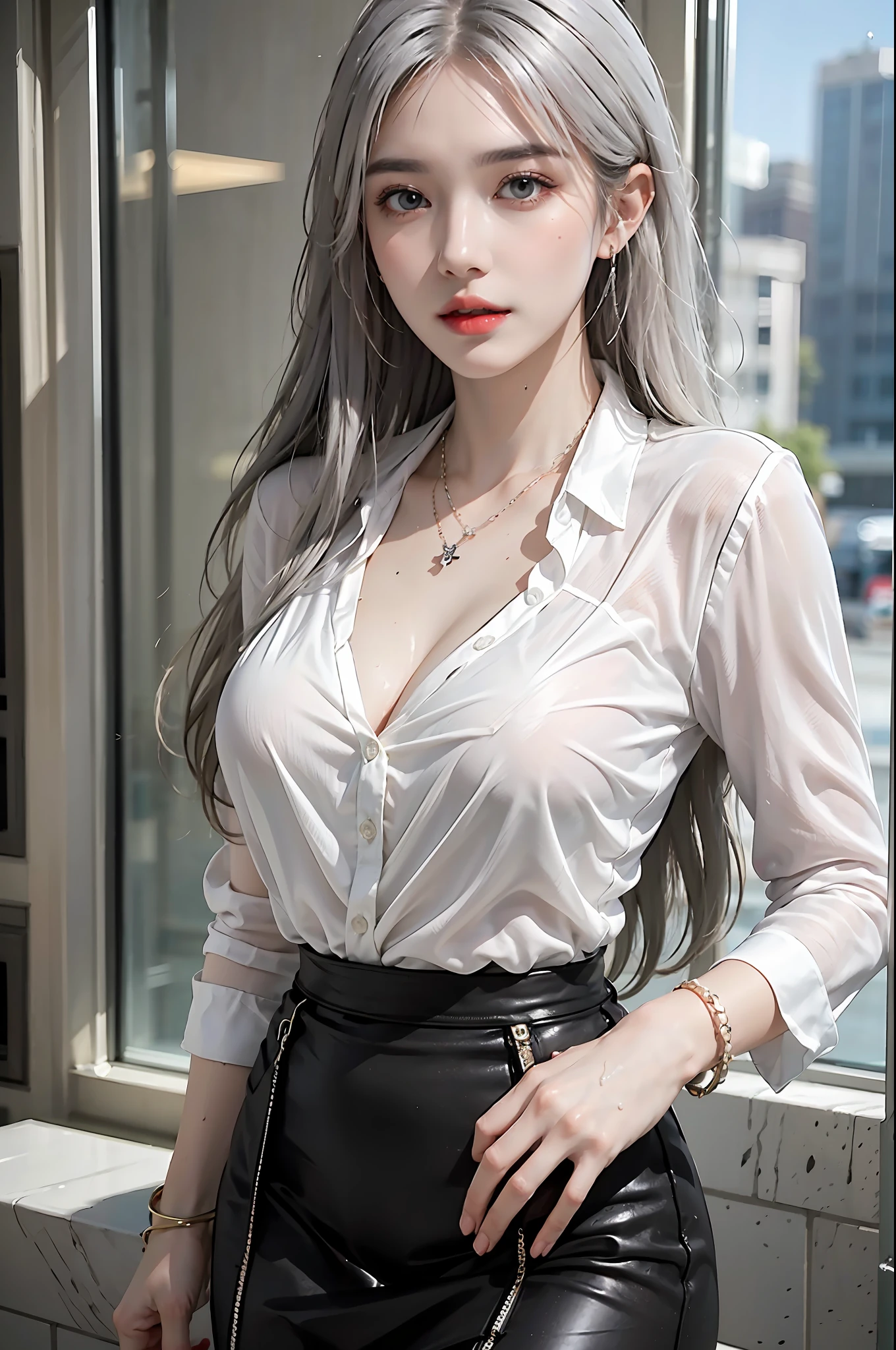 photorealistic, high resolution, 1 girl, hips up, beautiful eyes, wet skin, white hair, medium breast, collared shirt, black pencil skirt, streetwear, bracelets,elegant necklace, elegant diamond earrings