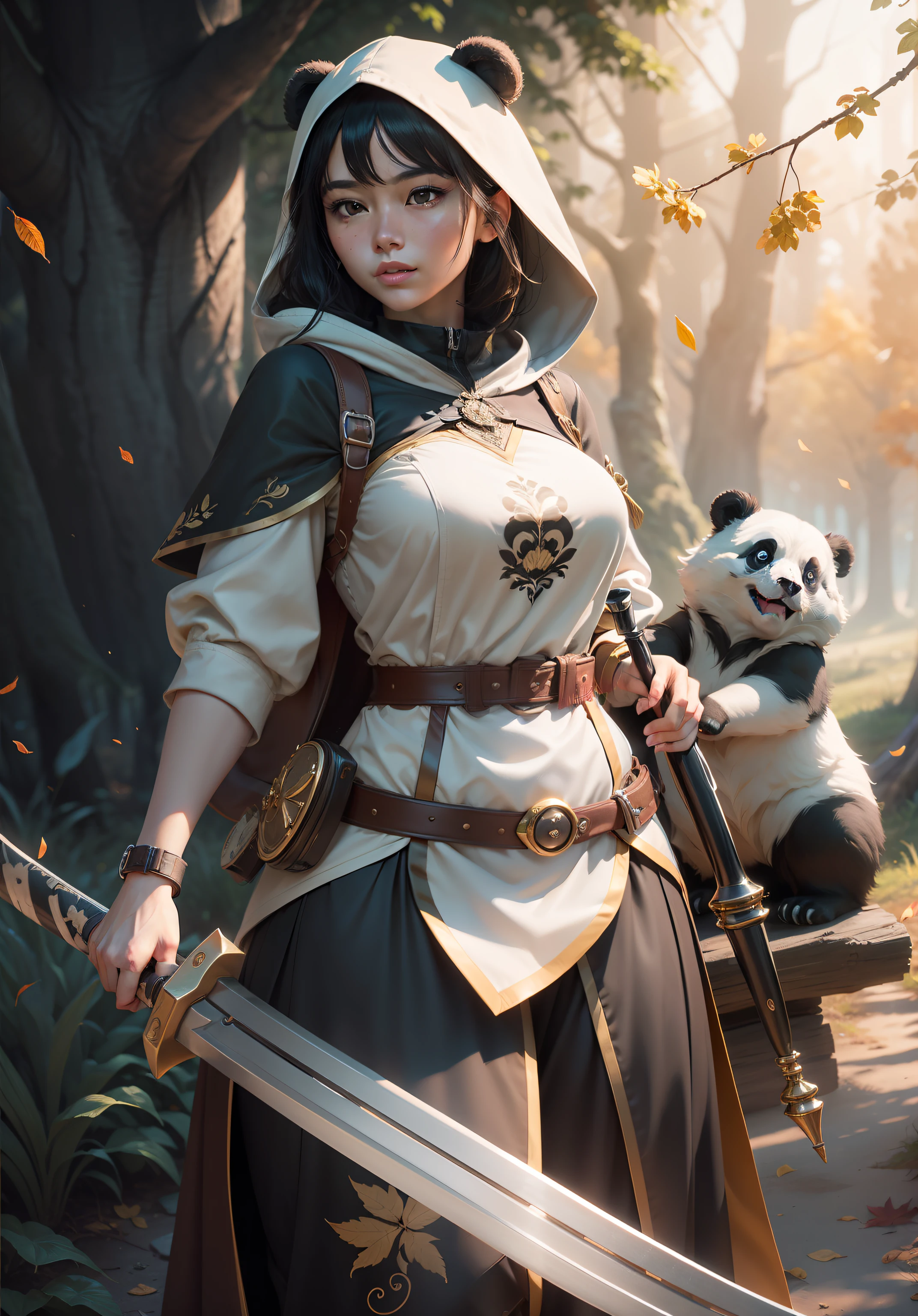 beautiful woman facing the camera black hair asian eyes, wearing a black and white panda hood holding a gleaming sword silver and gold Masterpiece, best quality, high quality, highly detailed CG unity 8k wallpaper beautiful landscape oil painting, award winning photography, bokeh, depth of field, HDR, bloom, chromatic aberration, photorealism, highly detailed, trending on artstation, on CGsociety Trending, intricate, high detail, dramatic, midjourney art and masterpiece, best quality, high quality, extremely detailed CG unity 8k wallpaper lush summer landscape with rolling green hills stretching towards the horizon, dotted with pink, yellow wildflowers, and purples, volumetric lighting and masterpiece, best quality, high quality, extremely detailed CG unity 8k wallpapers serene autumn landscape surrounded by trees in shades of golden yellow, fiery red and burnt orange. The crisp air is laced with the sweet aroma of fallen leaves and wood smoke. The ground is covered with a golden folia --auto