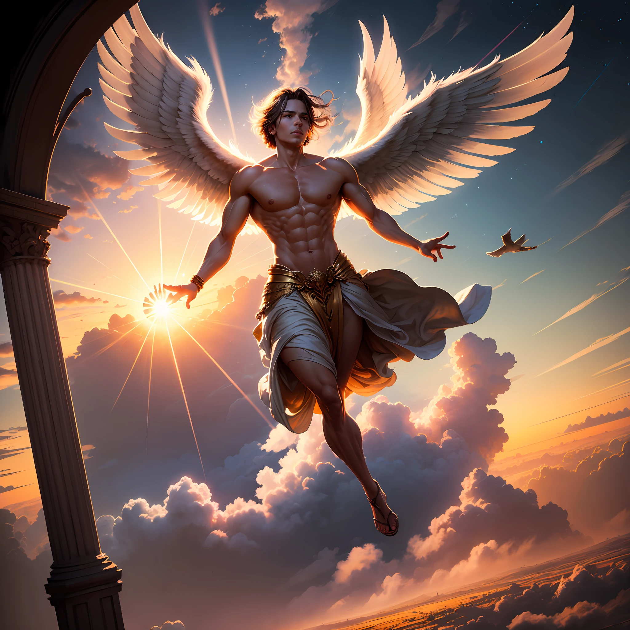 "Stunning depiction of Arch Angel Michael soaring through the sky, with impressive biblically accurate wings, a radiant halo, bathed in the golden glow of a breathtaking sunrise, surrounded by the ethereal beauty of solar rays." --auto