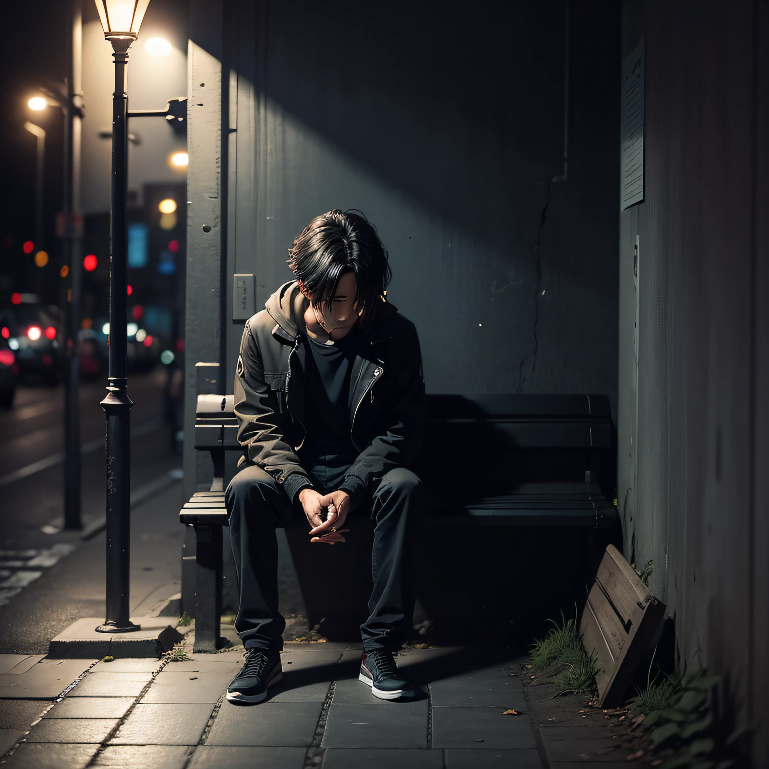 In the Dark、There is a bench on the sidewalk, Lonely atmosphere, Sitting alone, Pensive loneliness, sit on a bench, 「Lonely dark figure」!!, dimly lit scene, Late night melancholic photos, Lonely and sad, sitting in a bench, Benches, Alone!!, outdoors at night, Sitting on a bench, in the darkness nigth --auto