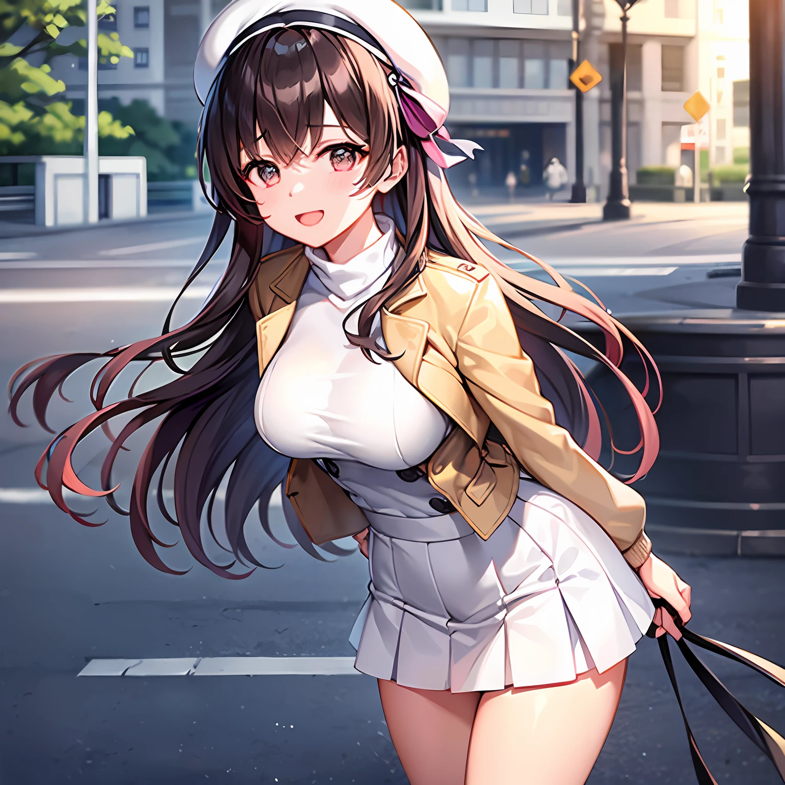 1girl in, top-quality, Very delicate, Height 148cm, Bust 85cm, Waist 56cm, Hip 85cm, F-cup, 23years old, very baby face, brown-haired, Middle Long Hair, White beret, Duffel coat, White turtleneck sweater, Long pleated skirt, In front of the modern railway station, ssmile, Blur the background a lot