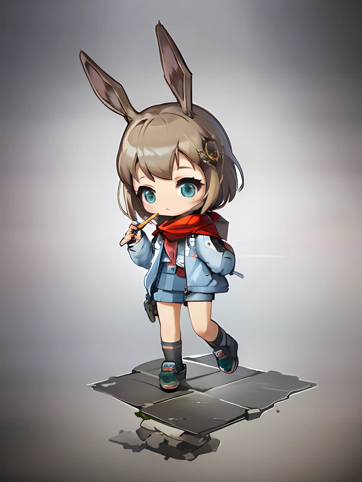 1girll, Solo, (full body:1.5), (tchibi:1.5), Depth of field, Simple background，Eat