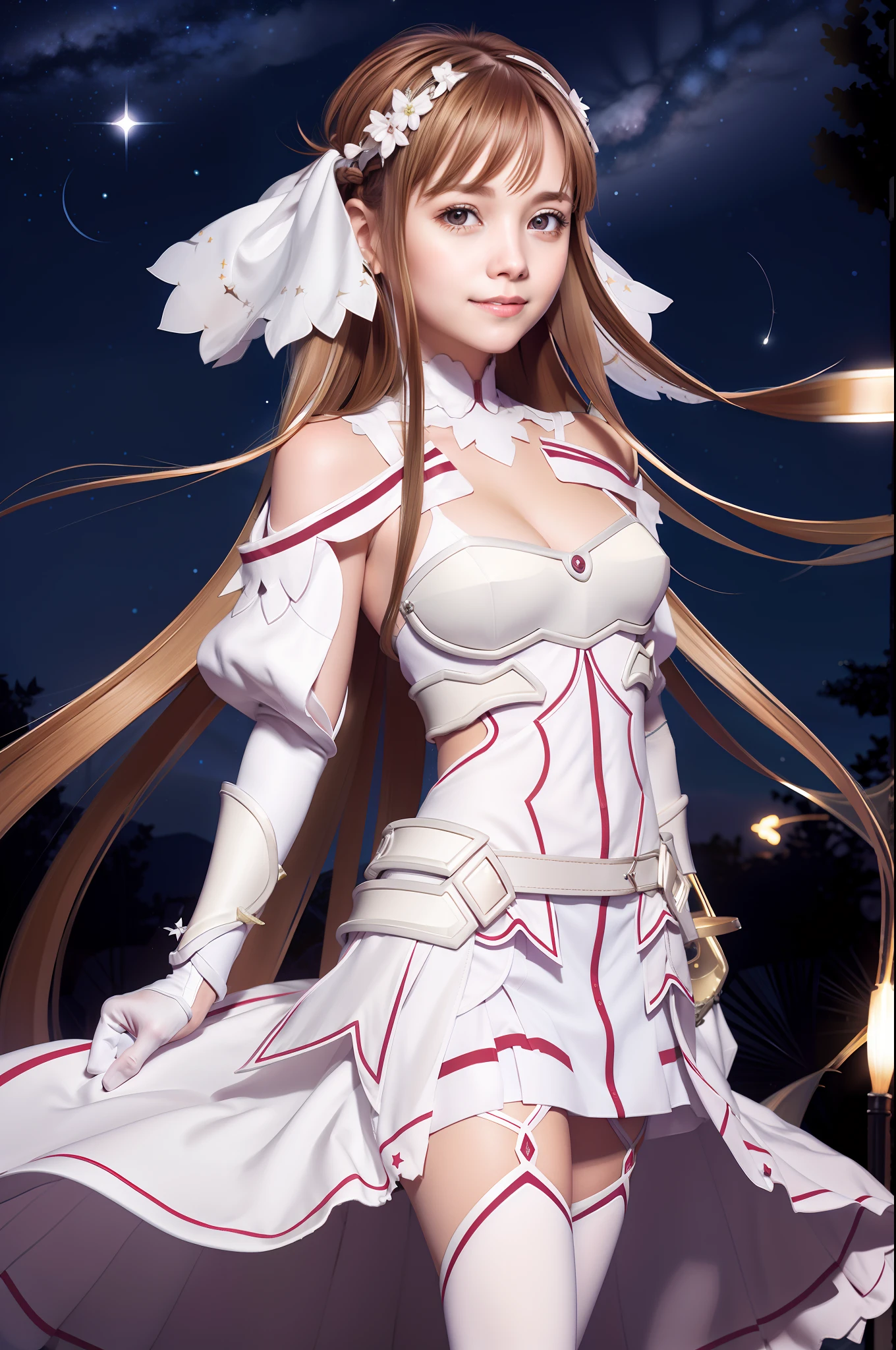 stacia, 1girl, solo, long hair, breasts, looking at viewer, smile, open mouth, bangs ,detailed eyes, beautiful background, (night sky, stars), hands on the chest,  brown hair, thighhighs, gloves, dress, cleavage, bare shoulders, brown eyes, very long hair, standing, full body, white gloves,  white dress, armor, white thighhighs, garter straps, fantasy, white armor,  abec,