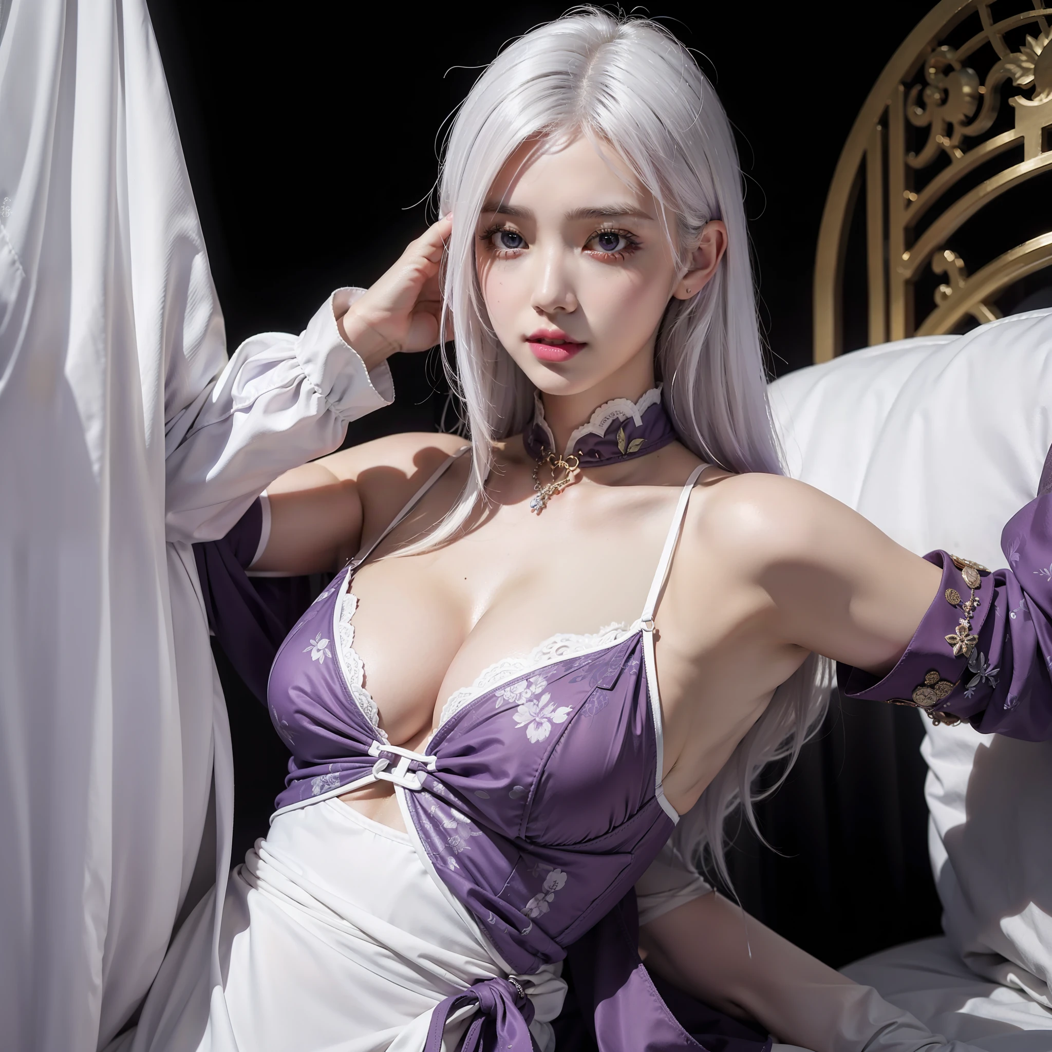 white hair,purple eye,twin,sexy clothes,36d,chinese face