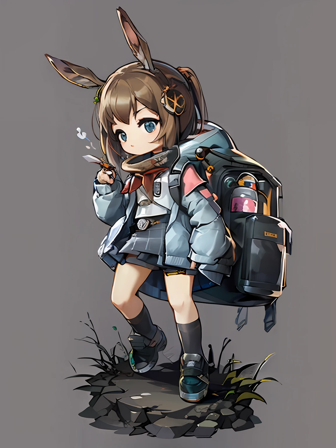 1girll, Solo, (full body:1.5), (tchibi:1.5), Depth of field, Simple background,Eat