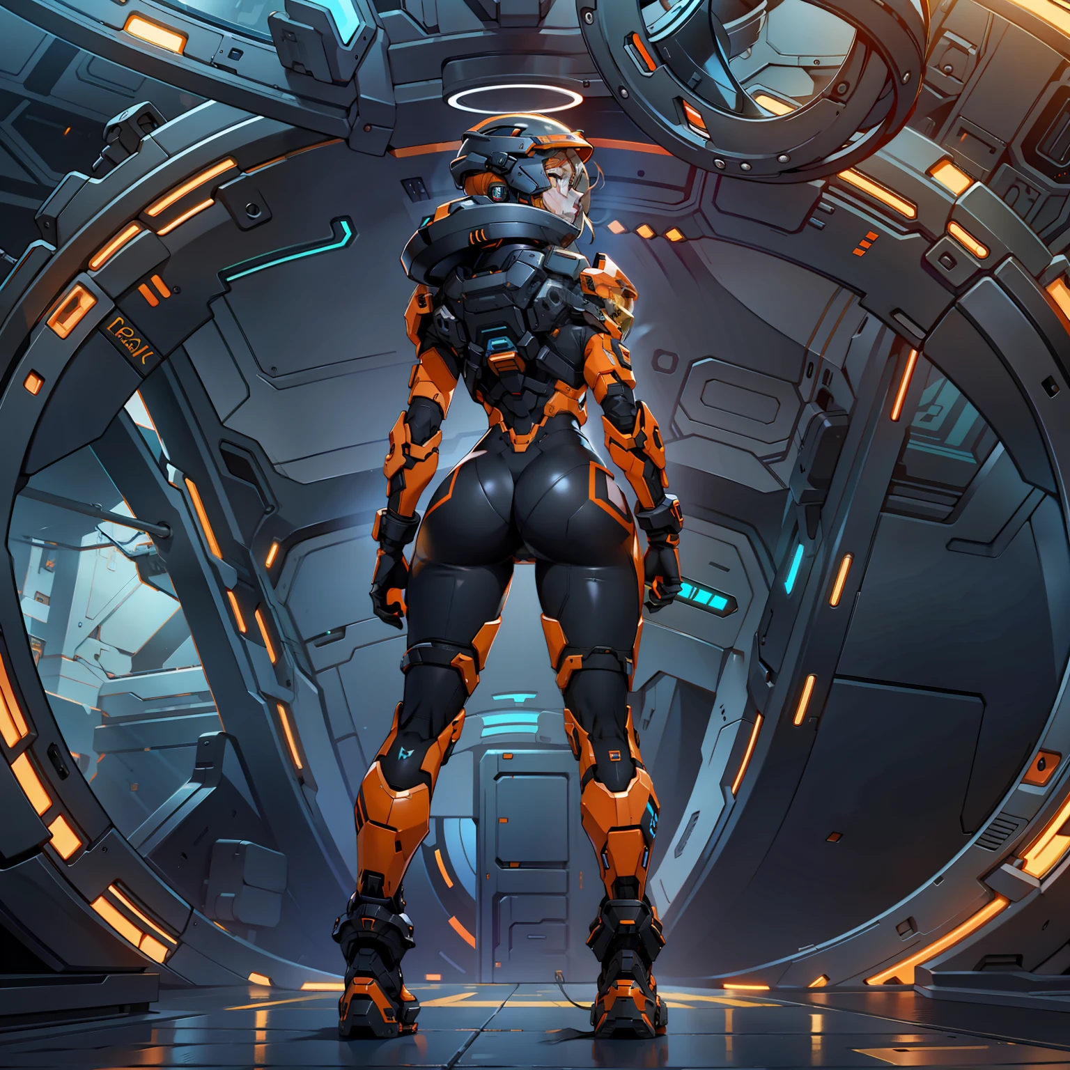 halo,only one girl,Black,Orange,Very long legs,standing on your feet,Full body photo,Back,helmet,8K,The butt is round,focus on ass