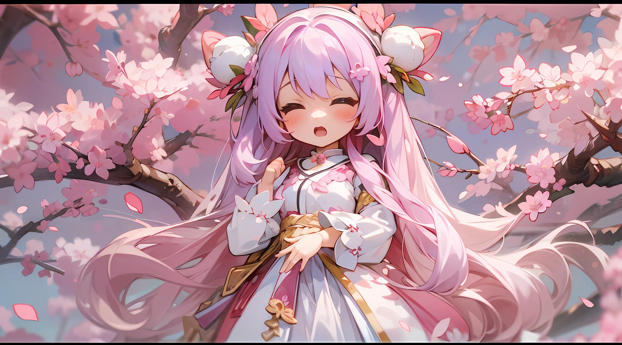photoRealstic、Doll standing in front of the painting、bionde、Yawning face、Sengai、pixiv、rokoko、dollfie dream、watercolor Nendoroid、(High Definition Figure)、flowing sakura-colored silk、nendroid、highly_Detailed!!,Cherry blossom petals、Flowing cherry blossom silk、season!!: 🌸 ☀ 🍂 ❄