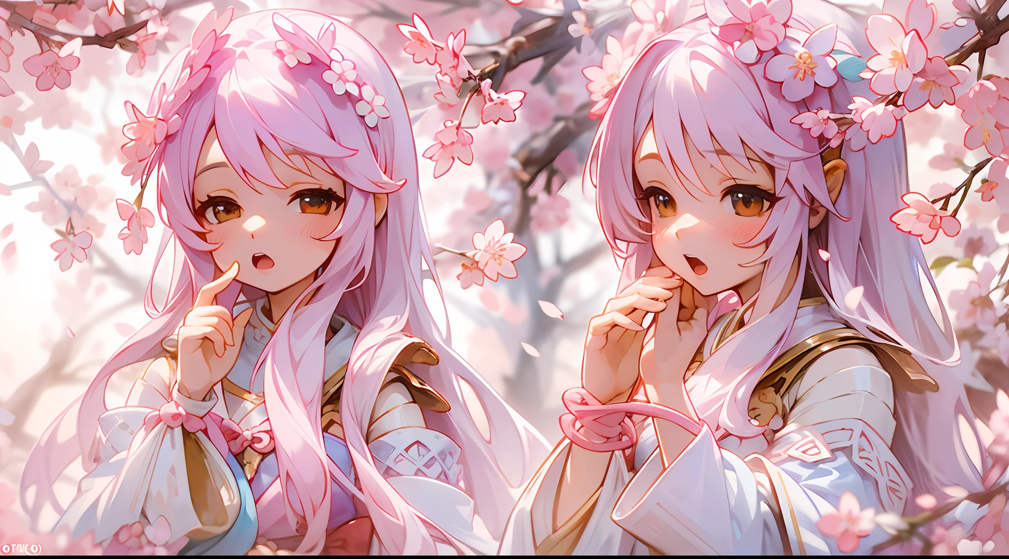 photoRealstic、Doll standing in front of the painting、bionde、Yawning face、Sengai、pixiv、rokoko、dollfie dream、watercolor Nendoroid、(High Definition Figure)、flowing sakura-colored silk、nendroid、highly_Detailed!!,Cherry blossom petals、Flowing cherry blossom silk、season!!: 🌸 ☀ 🍂 ❄