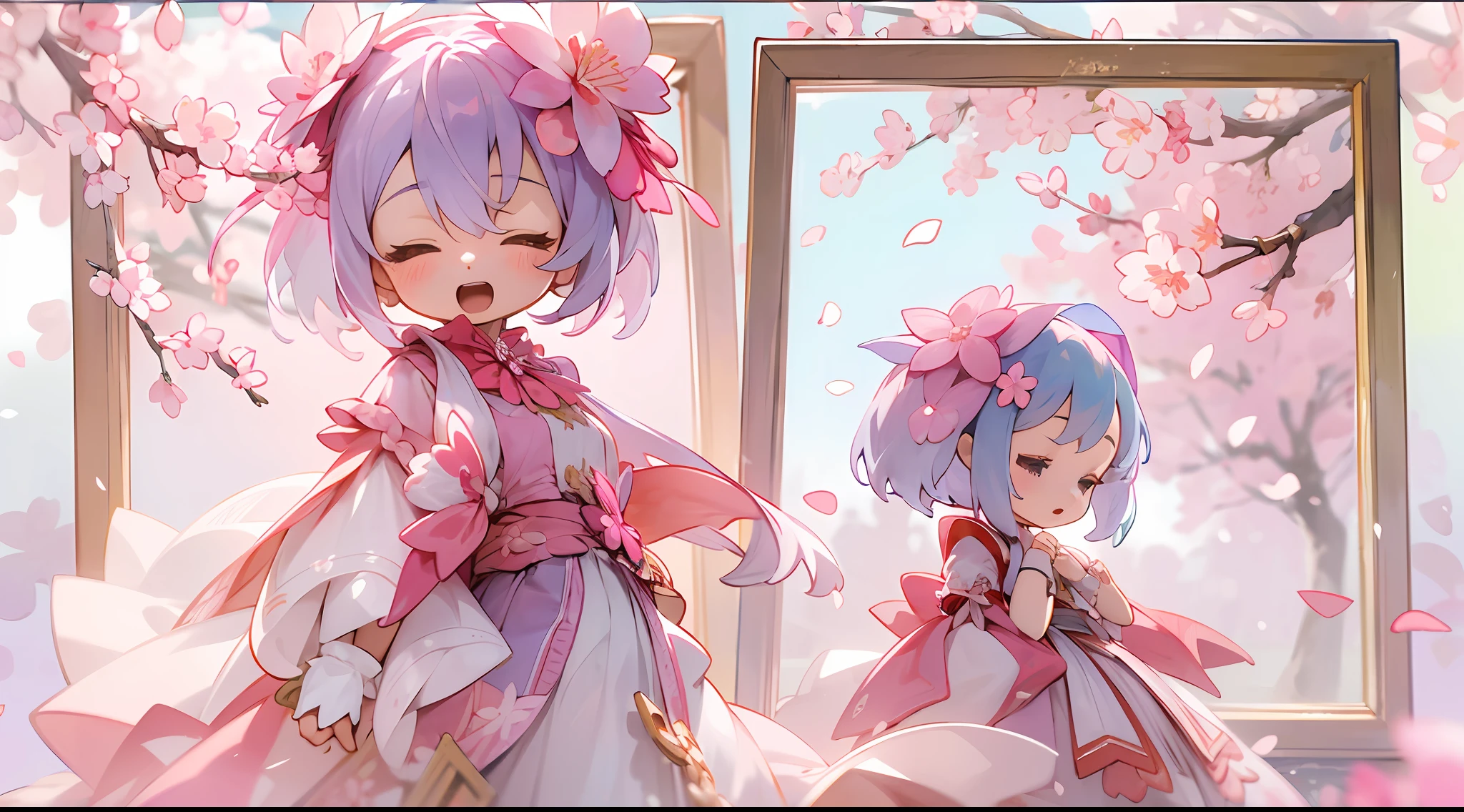 photoRealstic、Doll standing in front of the painting、bionde、Yawning face、Sengai、pixiv、rokoko、dollfie dream、watercolor Nendoroid、(High Definition Figure)、flowing sakura-colored silk、nendroid、highly_Detailed!!,Cherry blossom petals、Flowing cherry blossom silk、season!!: 🌸 ☀ 🍂 ❄