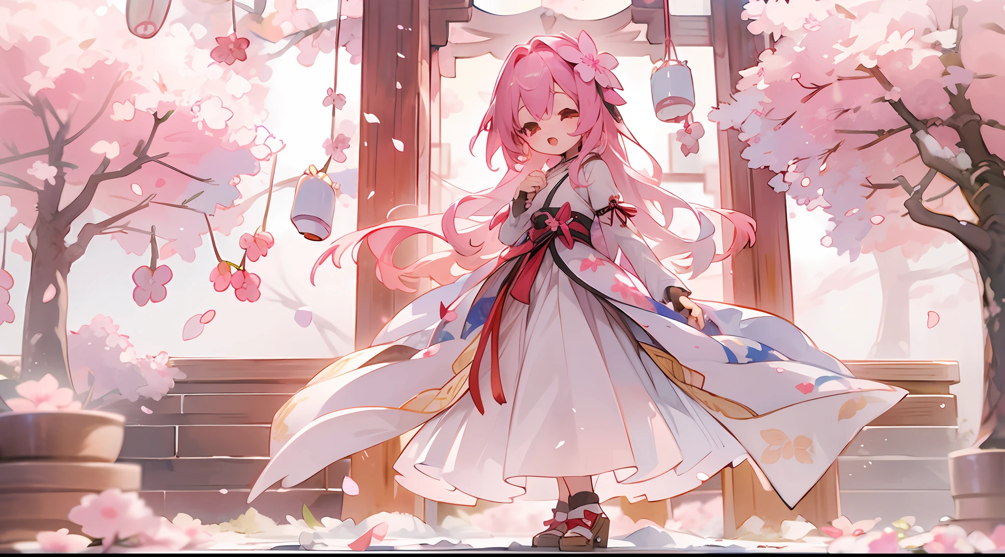 photoRealstic、Doll standing in front of the painting、bionde、Yawning face、Sengai、pixiv、rokoko、dollfie dream、watercolor Nendoroid、(High Definition Figure)、flowing sakura-colored silk、nendroid、highly_Detailed!!,Cherry blossom petals、Flowing cherry blossom silk、season!!: 🌸 ☀ 🍂 ❄