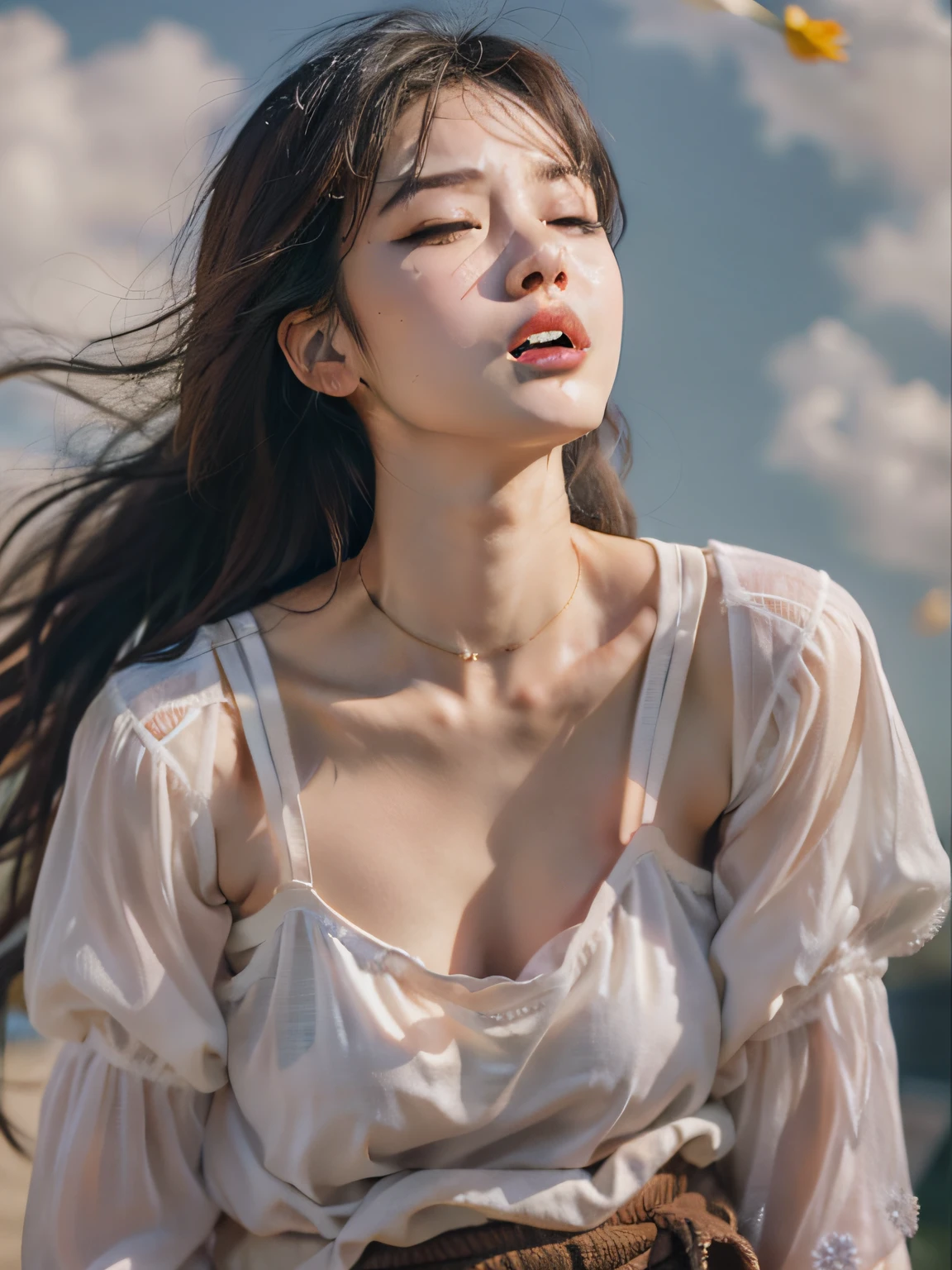 16k、Raw photo、(masuter piece)、(top-quality)、Hi-Res、(Close eyes):1.5, (Open mouth):1.5 Real numbers、（（Looking Up)）(1girl )、(realisitic、Photorealsitic:2.0), Upper body、Ponytail,camisole、skinny、18years、small tits、Eyes closed、Deep sadness、Sorrow、look up sky、Open mouth、Background blur