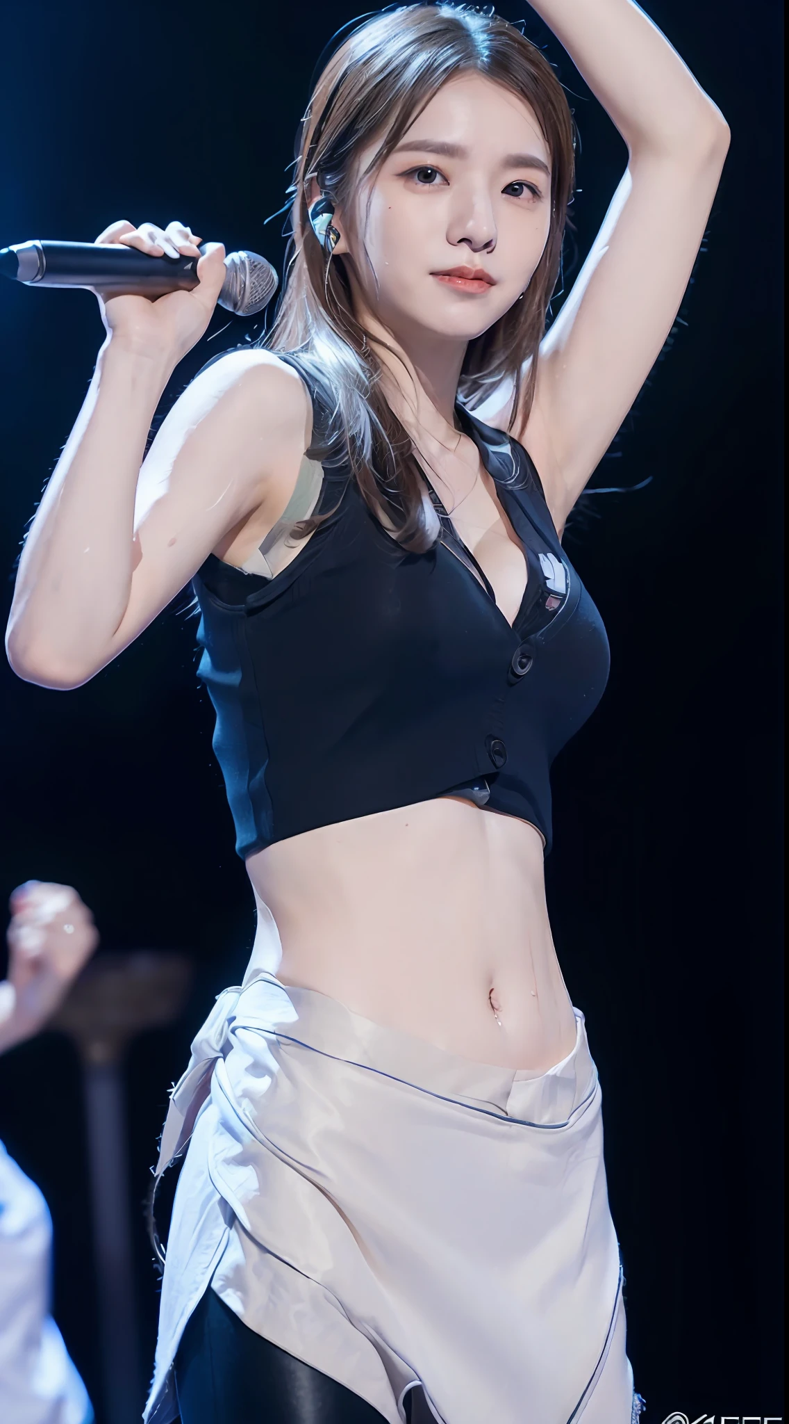 1 girl in(8K、Raw photography、top-quality、masterpiece:1.2)、(realisitic、realisitic:1.37)、(((ultra-detailliert、FULL BODYSHOT、Miletus、Popular singers in the spotlight on stage、Live performance venue、Stand Microphone、Sexy stage costumes、Sleeveless、realistic eyes and face details、natural skin textures、Armpit、decolletage、cleavage of the breast、thighs thighs thighs thighs、Raw feet、a navel、abdominals、Fair skin、A detailed face、真实感、Realistic background、Realistic lighting、sexypose、Sweaty skin)))