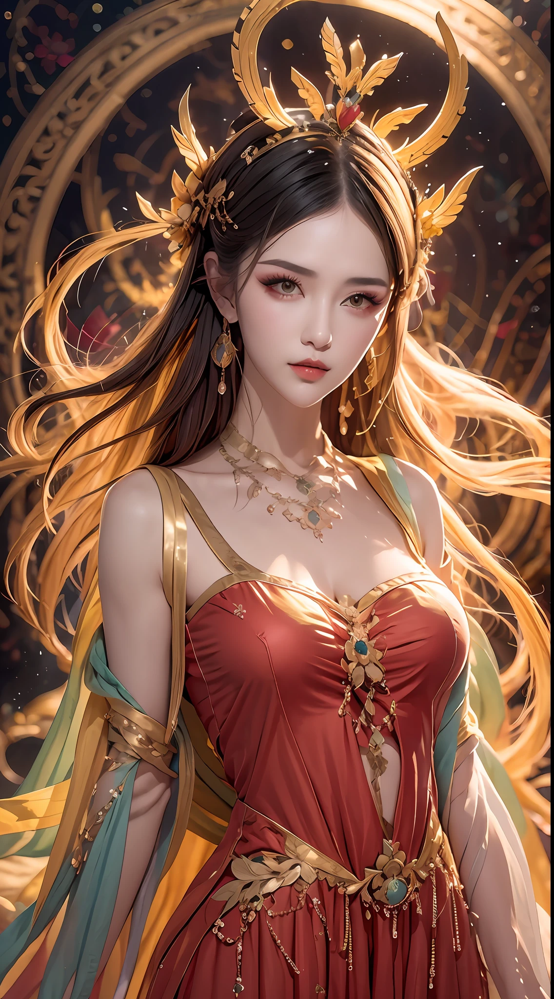 1 20 year old girl, 1 goddess Athena, colorful silk dress, beautiful goddess Athena face without blemishes, thin colorful nightgown, long thin female nightgown with many sexy black lace details, saint legend, saint icon, beautiful goddess style elegant glitter, dark and mysterious version, holy woman crown, vermilion lips, thin and beautiful lips, detailed and beautiful, karol character, no smile intricate, detailed background, extremely detailed, light magic, (pure and spotless face: 1.9), holy woman's body, round breasts, big and round breasts, phoenix brooch, long flat bangs, (7-color rainbow-colored hair: 1.9), clear beautiful face and well-proportioned eyes, (transparent yellow eyes: 1.8), (big round eyes and meticulous make-up, very beautiful and hidden makeup, long blonde hair, hidden makeup, beautiful and meticulous sleeping ring, pale, upper body, (sanctus upper bodies): 1.8), drooping arms, Realistic and vivid images, (stars that make up the sky: 1.7), (sky of heaven and fictional gates of time and space: 1.8), fictional art, RAW photos, hanfu photos, best photos, high resolution, best quality, best photos, surreal portraits, surreal female images, 8k quality , single female saint portrait, most realistic color scheme, best photo color, masterpiece, hair decoration, necklace, jewelry, pretty face, upper body, brand tyndall effect, real photo, dark studio, rim light, two-tone light, (rose white skin: 1.4), (high skin detail: 1.1), 8k uhd, dslr, high resolution, soft light, high quality, high quality h, Smooth and sharp, 10x pixelated, sexy goddess, sexy goddess, (background space: 1.8), (galaxy: 1.7) ), aurora, lightning, (Aurora Background: 1.8), most beautiful eyes, picture perfect eyes, beautiful saint and flowers, athena alone,