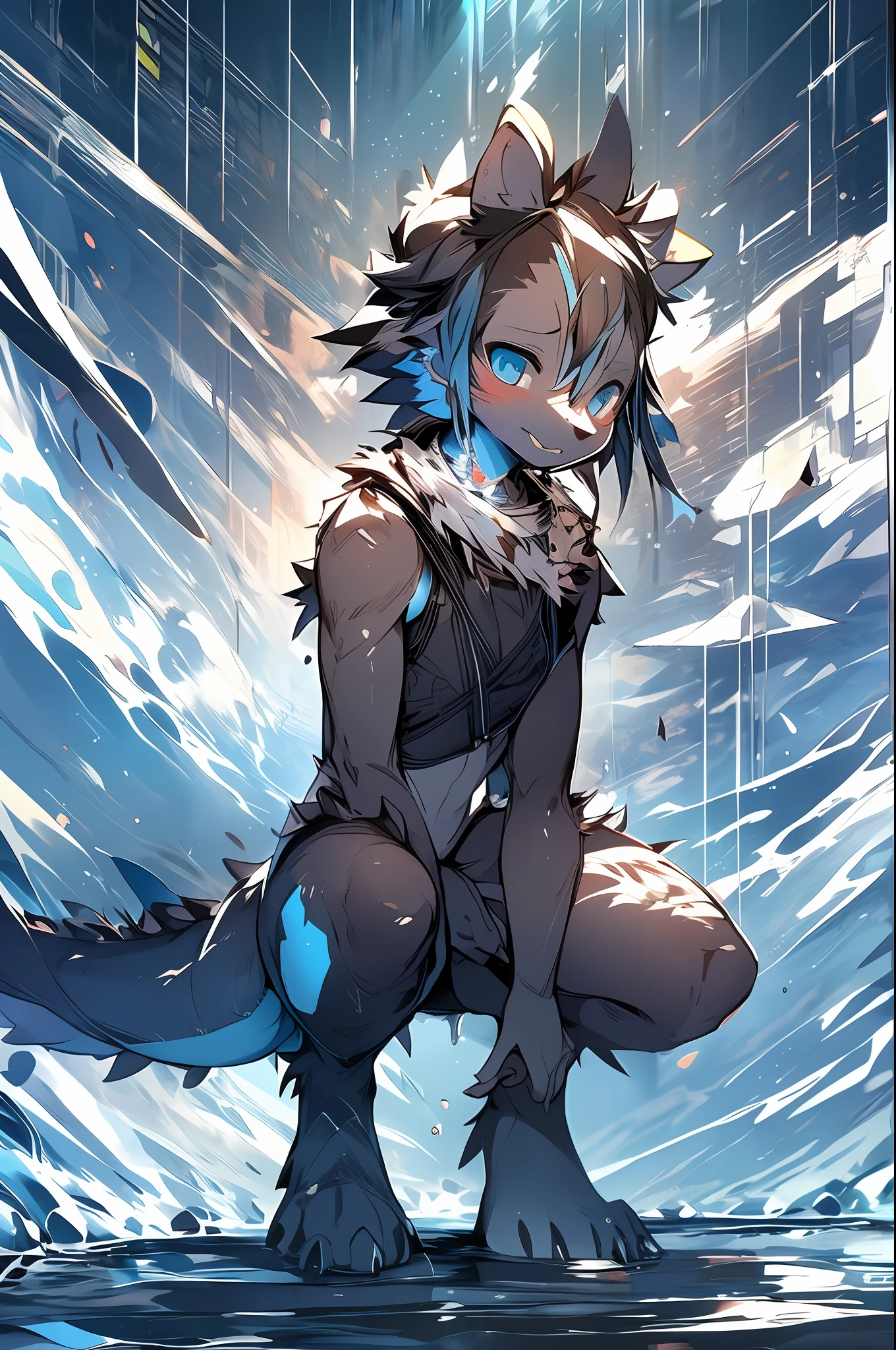 Furry dragon,bit girl,dark gray,Blue-and-black hair,eBlue eyes,adolable,Black skin,It has a blue pattern,black reotard,black over-the-knee socks,full bodyesbian,nakeness,,Stand where water meets sky,Black is the theme,emaciated,emaciated,is shy,8K quality,Extreme light and shadow