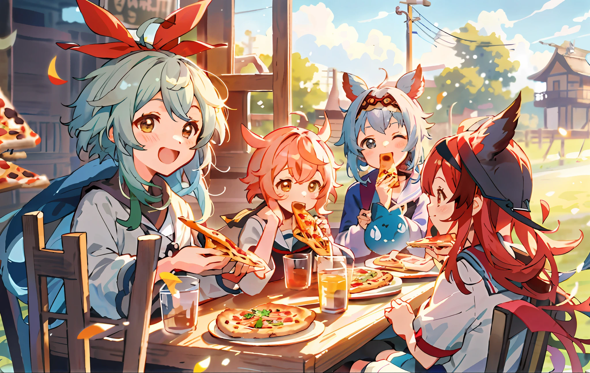 Anime characters sit at tables eating pizza and drinking tea, anime food, Kawasi, Kantai collection style, style of anime4 K, Guviz-style artwork, anime illustration, Cute anime, lovely art style, Genshin, Anime girls, Anime style illustration, anime in fantasy style, trending on artstation pixiv, granblue fantasy