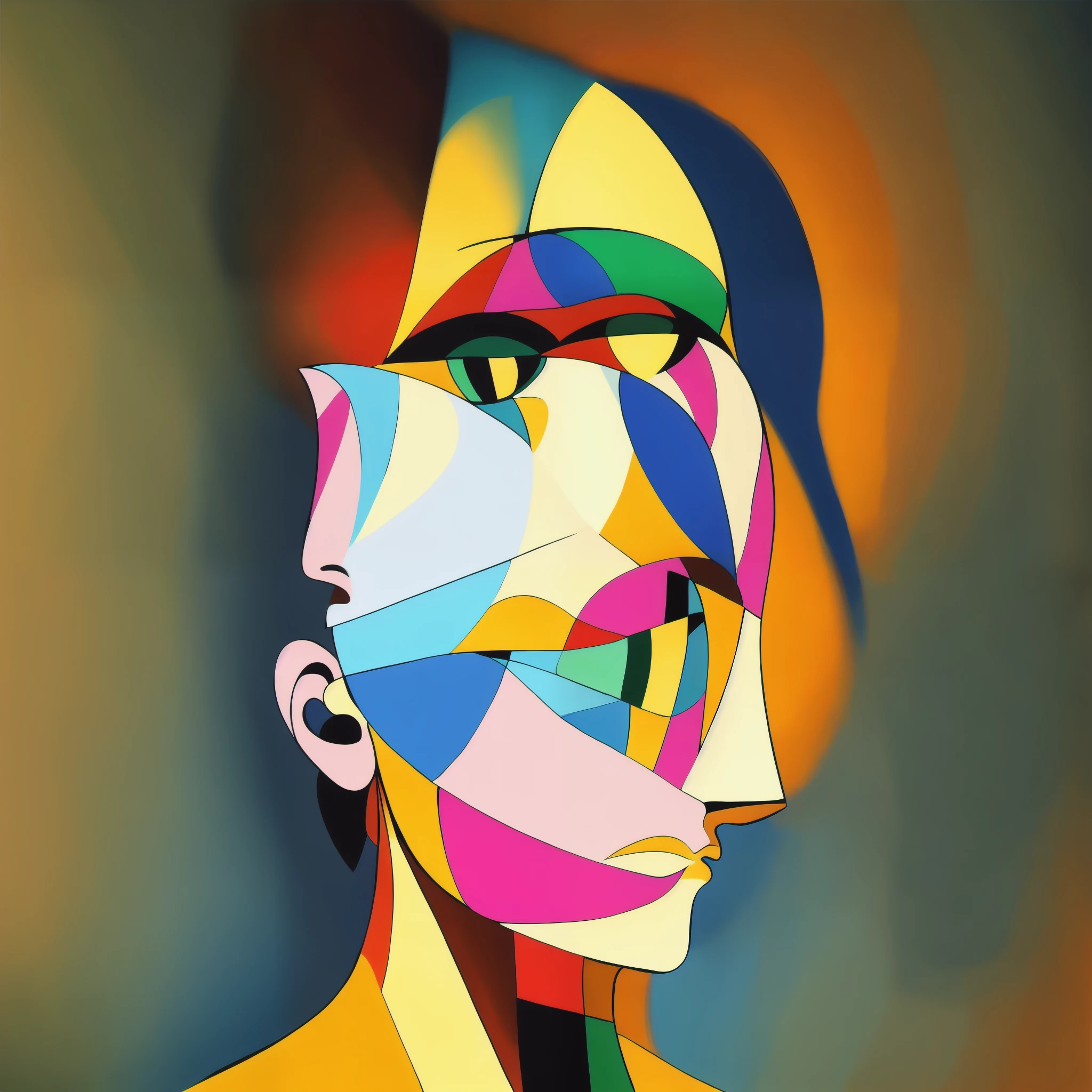 solo, portrait, cubism, (TogaHimiko:0.8), yellow hairbun, green and yellow skin color, facepainting, surreal, abstract, face focus, [profile | front : 10],  abstracts on background, with rainbow colors
