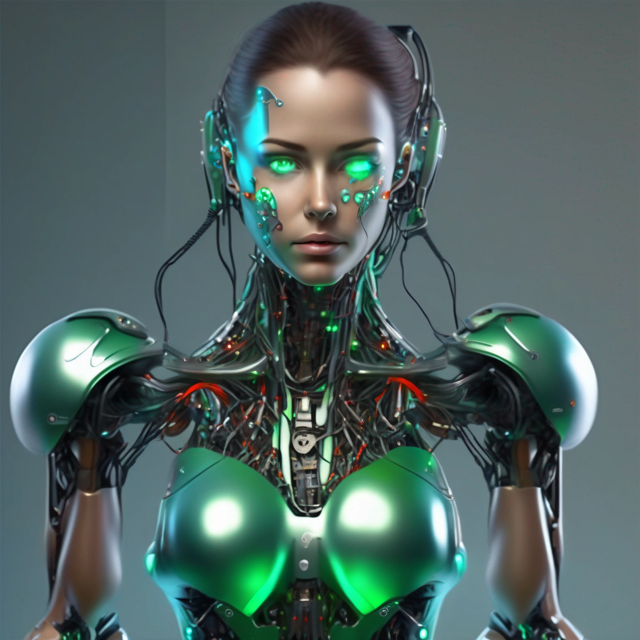 robot humanoide femenino totalmente mecanico de cuello para abajo y con la cara verde claro, con partes abiertas donde se deja ver cableado y maquinariay luces indicadoras led rojas, verdes , azules y amarillas en la pechera. hiperrealista y con sensacion de movimiento. color del chasis, plata, oro y bronce.