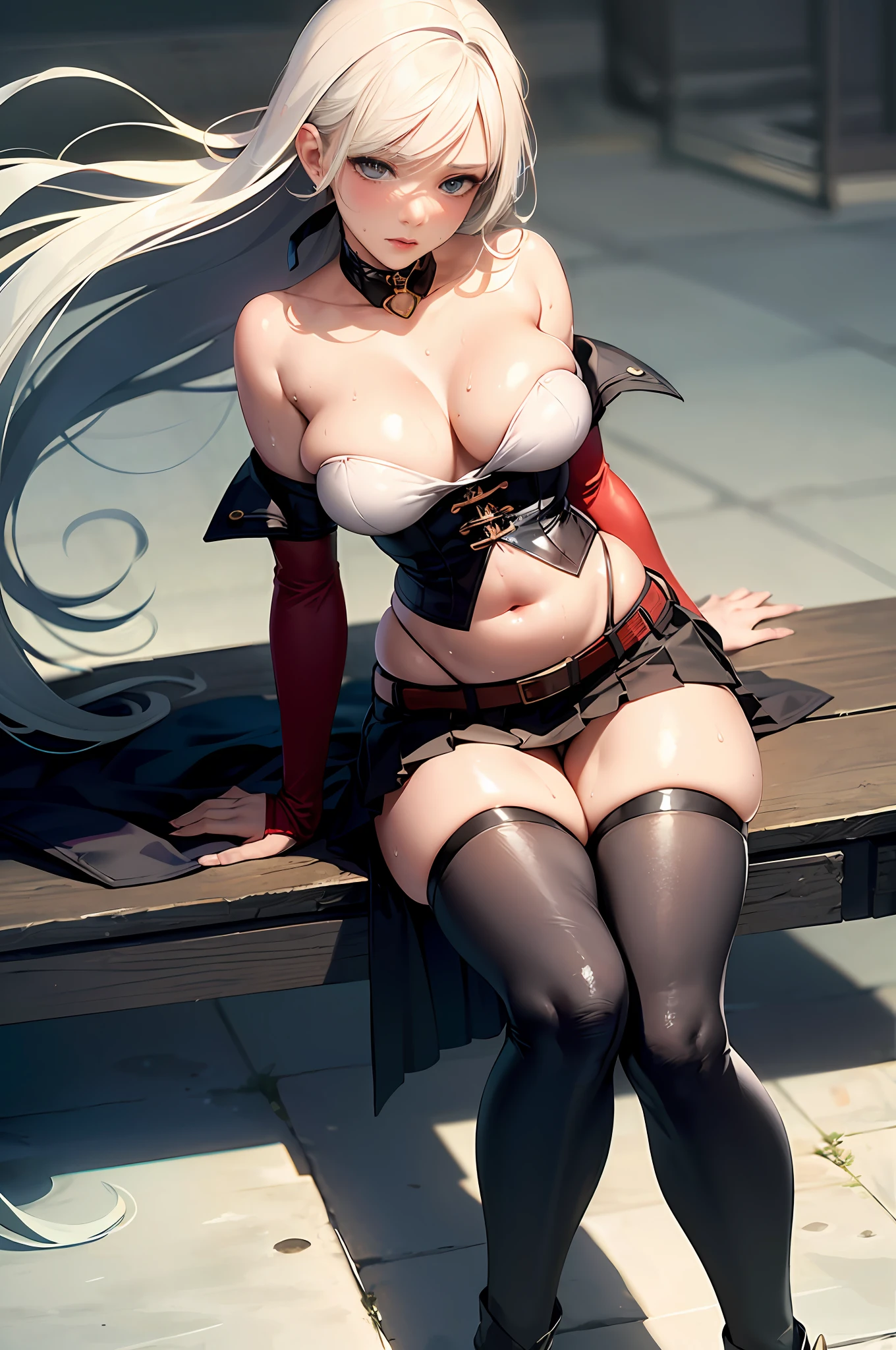((masterpiece, best_quality)), (photorealistic:1.4), solo, 1 girl, white_background, white_hair, long_hair, zettai_ryouiki,(black big ribbon accessories at the back of head), (sleeves rolled), toggle button pin buckle, mini pleated skirt with a slit in the front), outline nipple can be seen through the clothes, areola bulge, heels boots, belly, crotch gap, cameltoe ,shiny skin, sweaty skin, nose blush, belt boob, under boobs, long legs, ((small thigh)), plump , peach 🍑, bustier, perfect belly, huge breast, mid-length hair