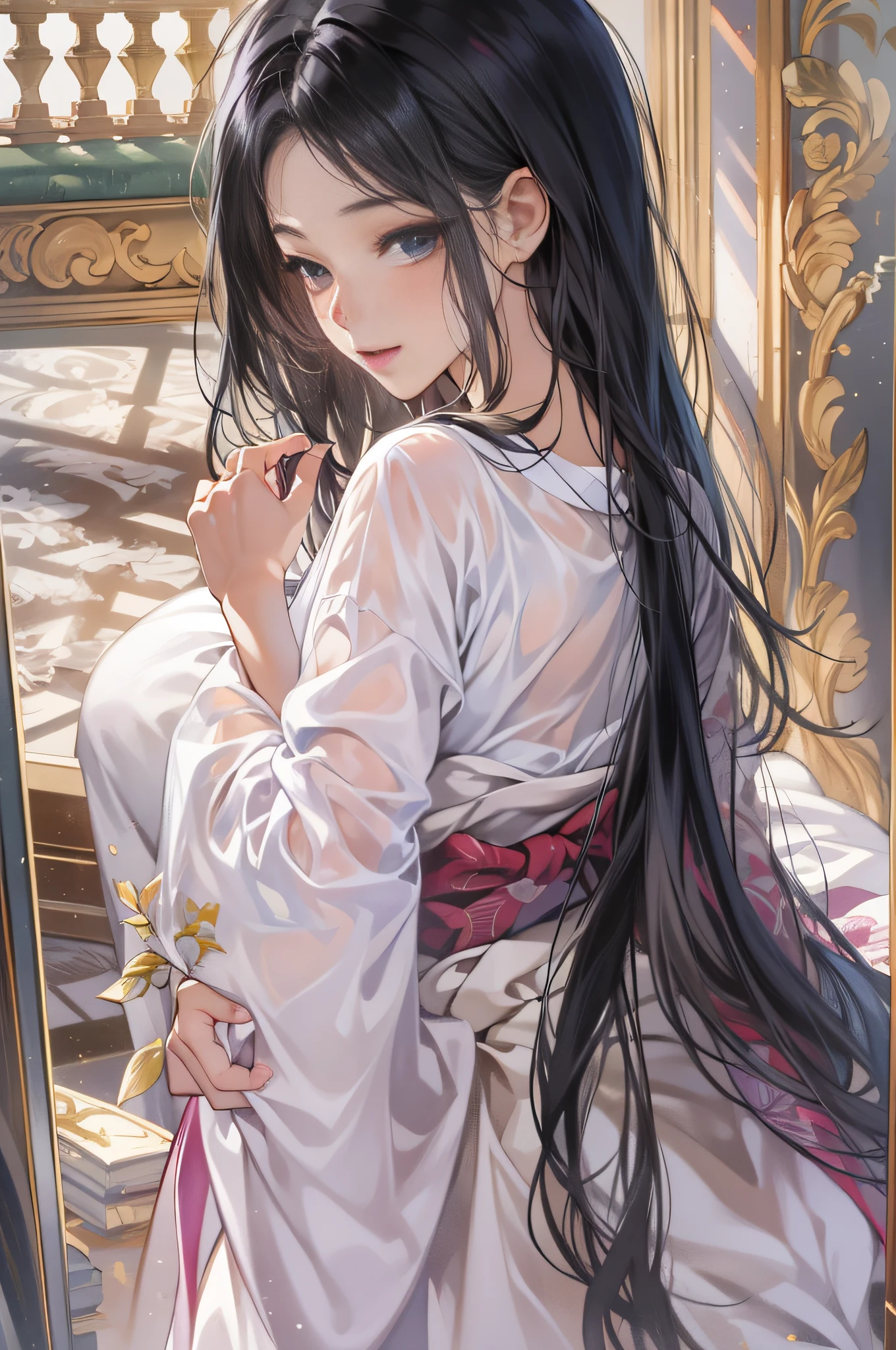 32 year old beautiful woman with attractive long black hair、Double eyelids、The background is the Palace of Versailles in France、Looking here、One white see-through yukata that sticks to bare skin、very large breast、wide open legs、The color and shape of the tip of the chest is visible 、You can see the color and shape of the areola、You can see through a lot of pubic hair、The entire chest shows through、