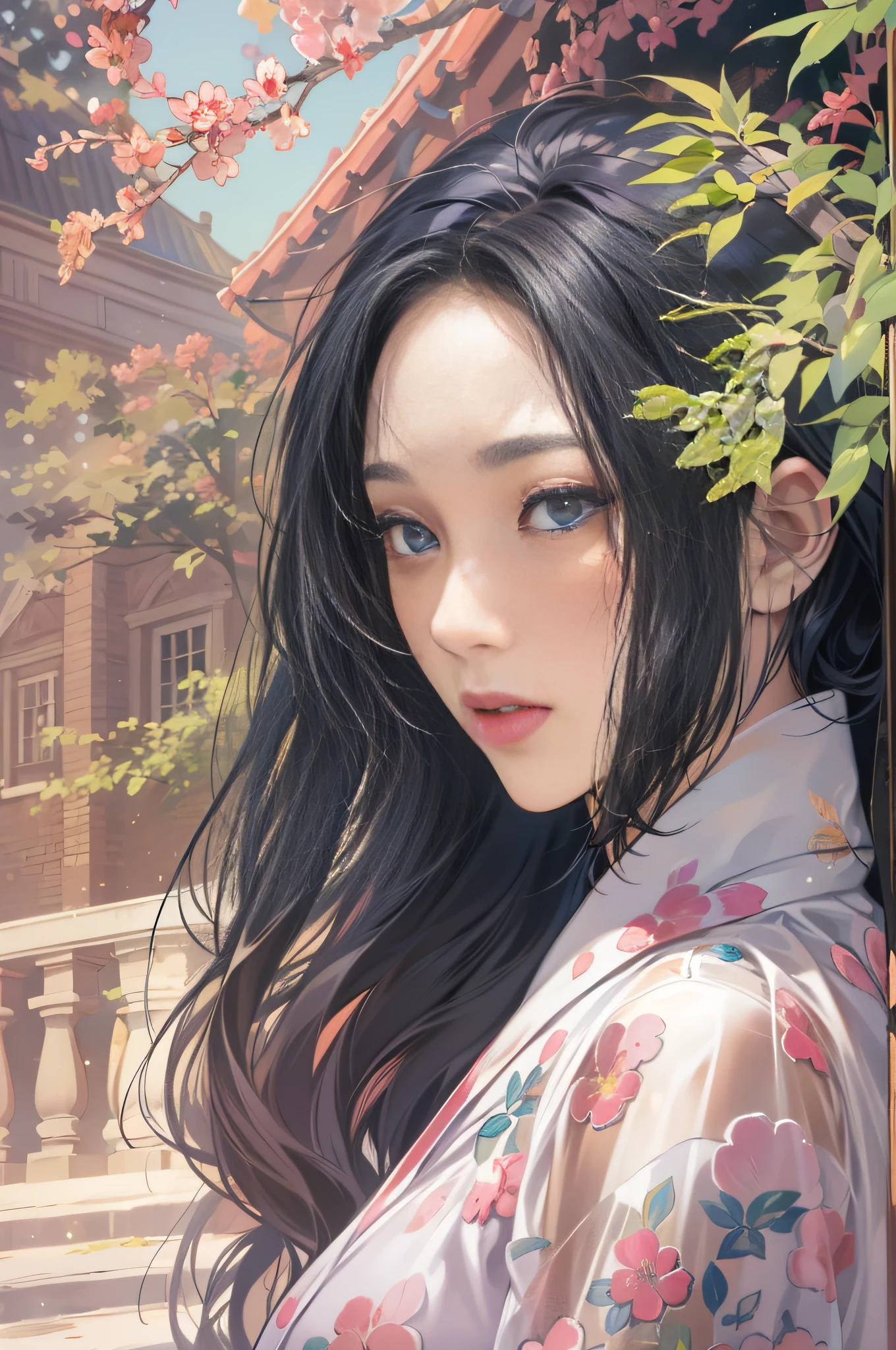 32 year old beautiful woman with attractive long black hair、Double eyelids、The background is the Palace of Versailles in France、Looking here、One white see-through yukata that sticks to bare skin、very large breast、wide open legs、The color and shape of the tip of the chest is visible 、You can see the color and shape of the areola、You can see through a lot of pubic hair、The entire chest shows through、