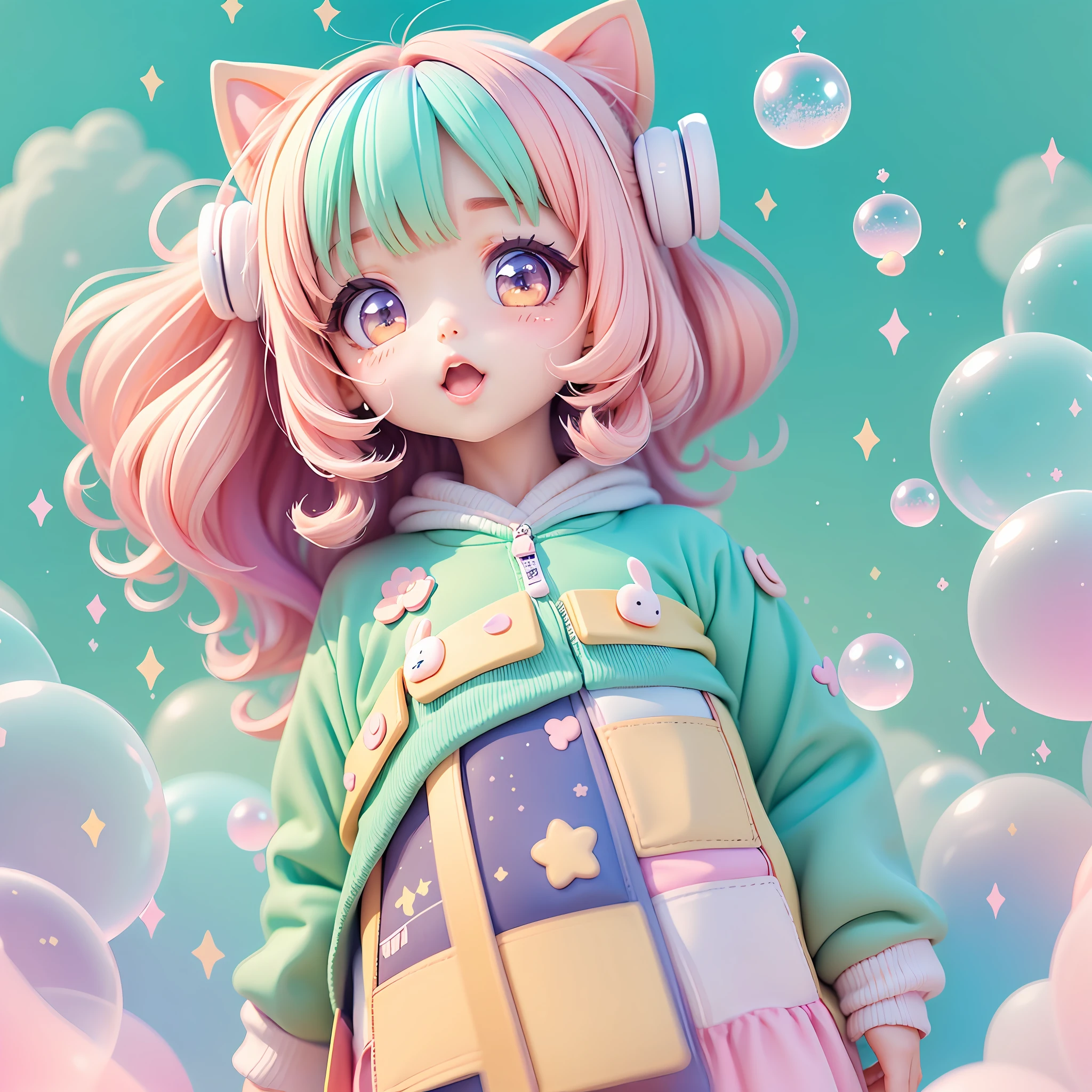 chibi looking up, leaning, bubbles around, kawaiitech, kawaii, cute, pastel colors, best quality, happy, long sleeves