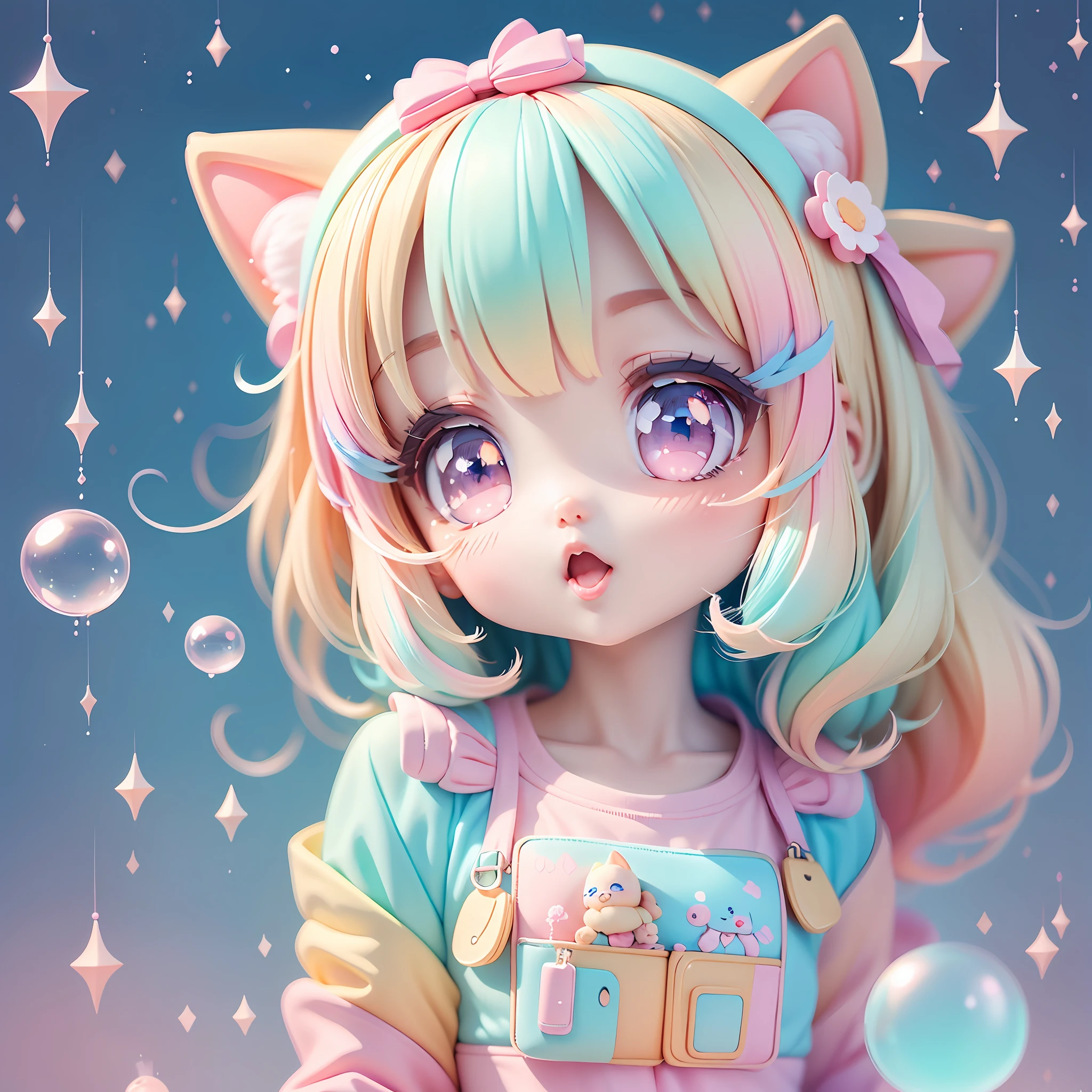 chibi looking up, leaning, bubbles around, kawaiitech, kawaii, cute, pastel colors, best quality, happy, long sleeves