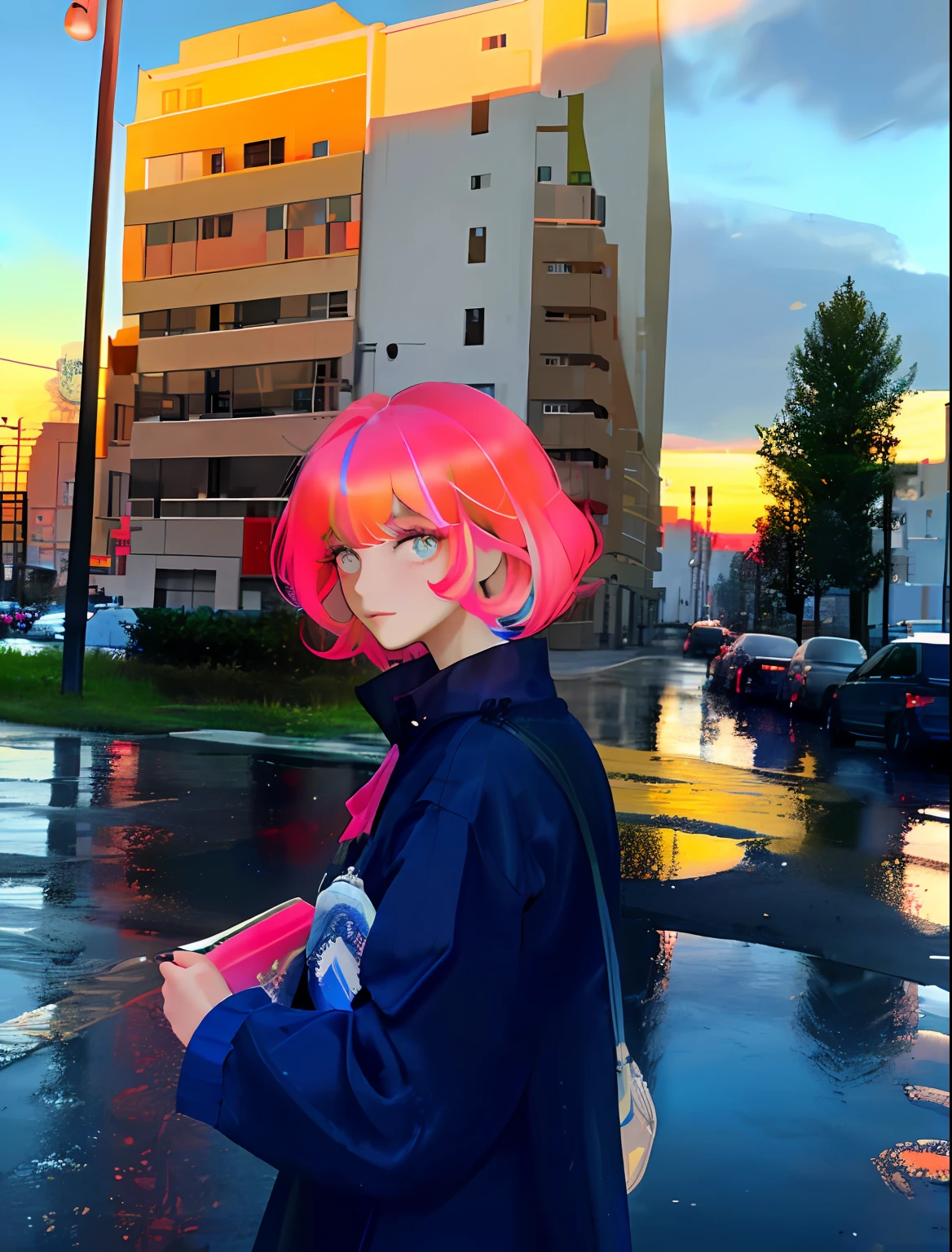 masterpiece, best quality, masterpiece, godlike quality, godlike art, highly detailed face, highly realistic, closeup, face only, cute, young girl, big eyes,short hair, long eyelashes, random hair color, bright eyes, makeup, random skincolor, rain, wet ground, reflective ground, big city street, blushing, dawn, rising sun, random skycolor, random suncolor, random light color, dawn lighting,