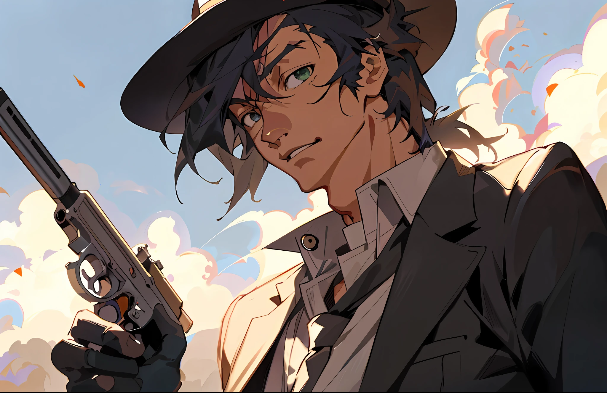 Anime characters with gun in hand and hat with cloud in background, trigger anime artstyle, tyler jacobson style, cowboy bebop anime style, noir detective and a fedora, jc leyendecker and sachin teng, in the style of sachin teng, Sachin Teng, cowboy bebop art style, Kawasi, an epic anime of tuff luck, shigenori soejima illustration