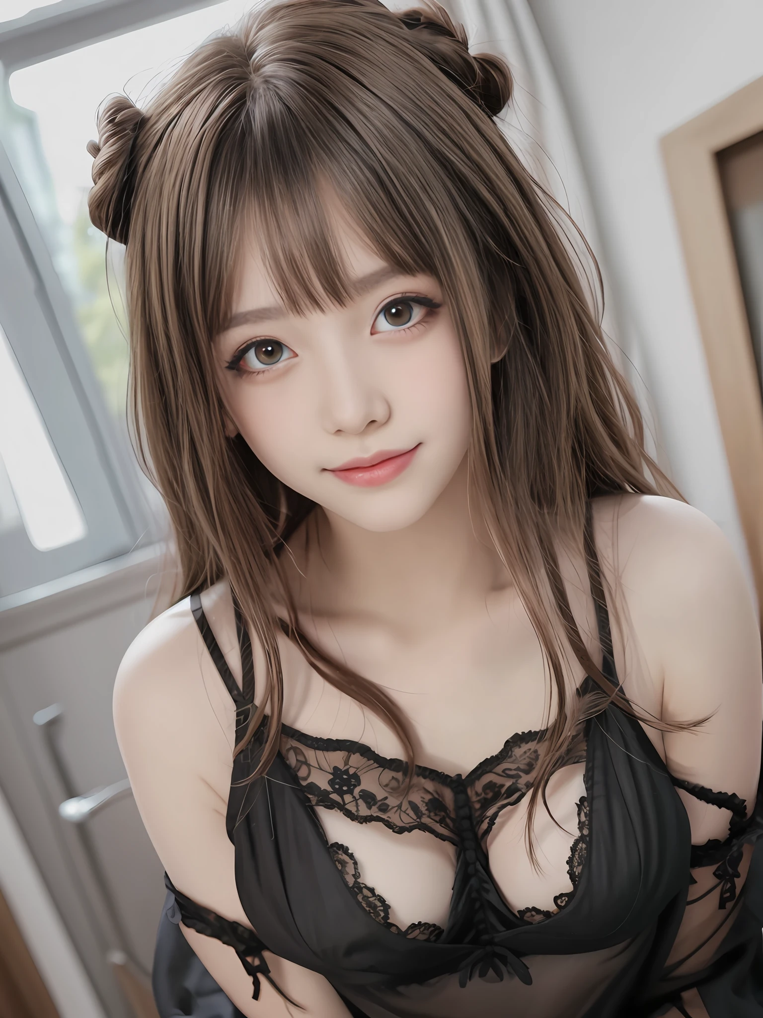 （8K original photos，top Quority，tmasterpiece，8k ultra high definition），（realisticlying，realisticlying：1.37），（anatomically accurate and realistic skin），超高分辨率，depth of fields，Film illumination，filmgrain，very cute  girl，clew，Colored Contact Lenses，long eyelasher，eye bags，cute  face，Highly detailed eyes and hair，skin with beautiful details，joyful smile，brown  hair， Thick bangs，shinny hair，curly，Red eyes，城市，City bedroom，Slip nightdress，Bigchest，low chest，full bodyesbian，frontage