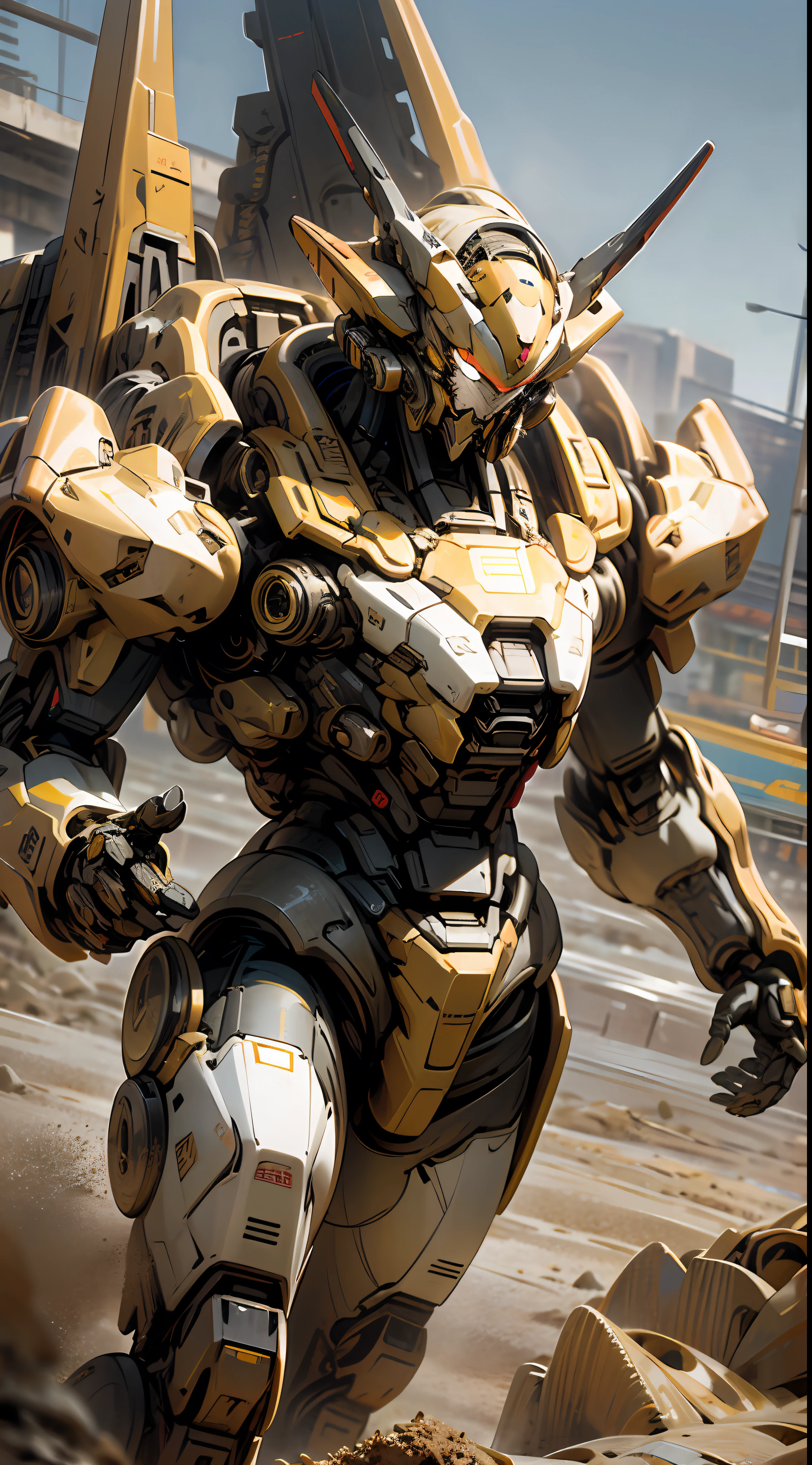 giant mecha,Doomsday wasteland wind,The colors are intense,Complete details,Hyper-realistic,tmasterpiece,Yellow sand is all over the sky,The texture is strong,Sense of oppression,Mechanical atmosphere,Rich in elements,ultra-realistic realism。