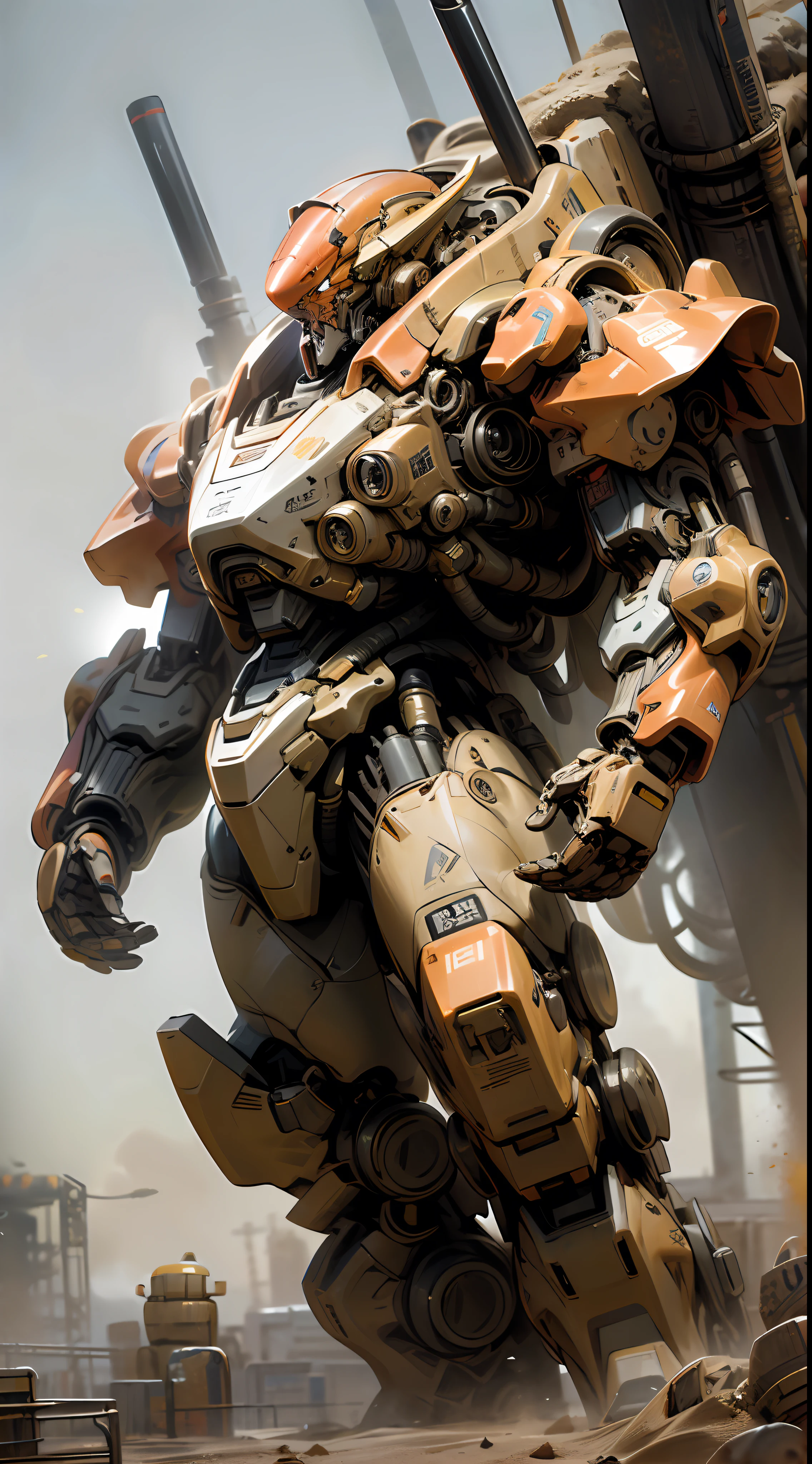 giant mecha，Doomsday wasteland wind，The colors are intense，Complete details，Hyper-realistic，tmasterpiece，Yellow sand is all over the sky，The texture is strong，Sense of oppression，Mechanical atmosphere，Rich in elements，ultra-realistic realism。