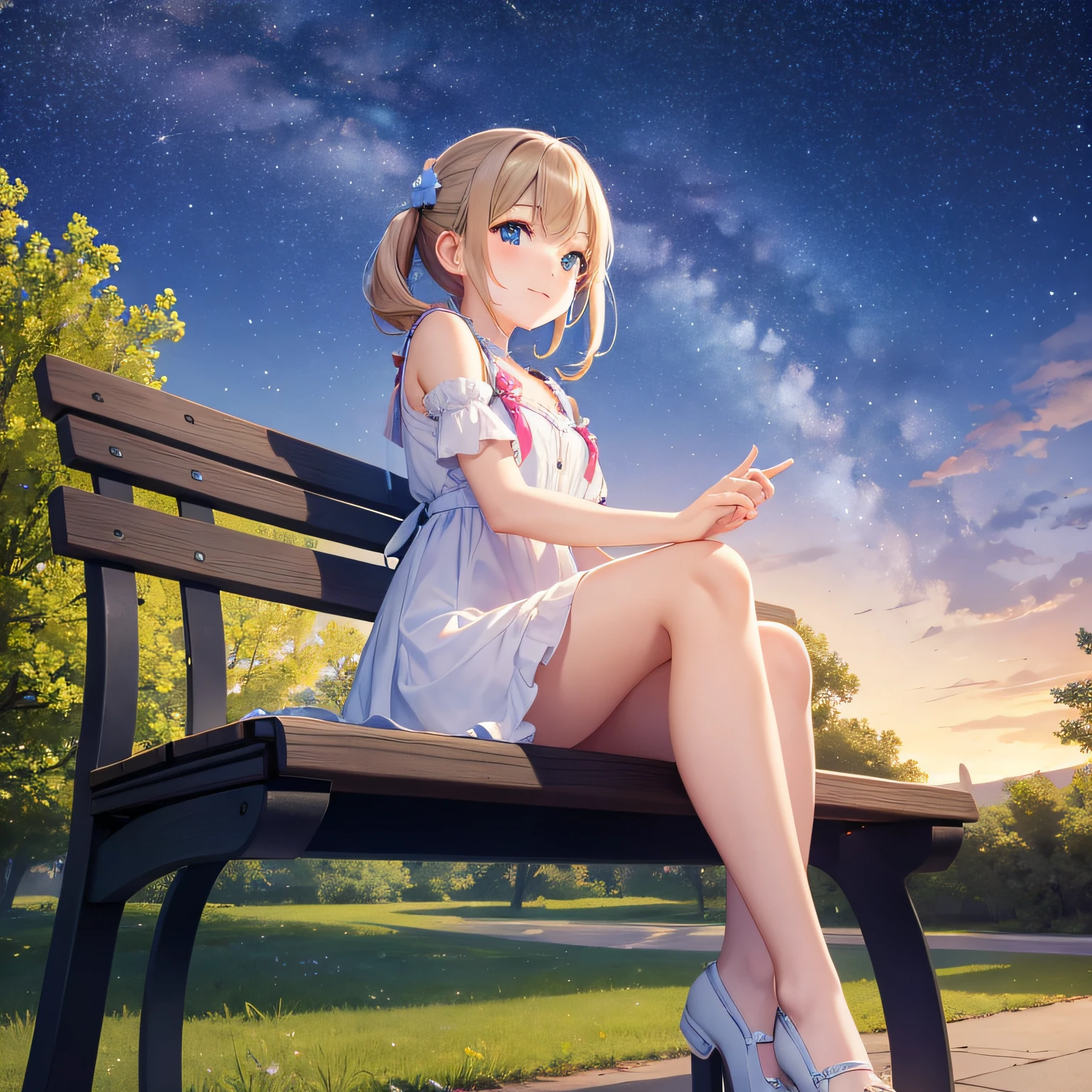 A cute maiden sitting on a park bench looking at the stars --auto
