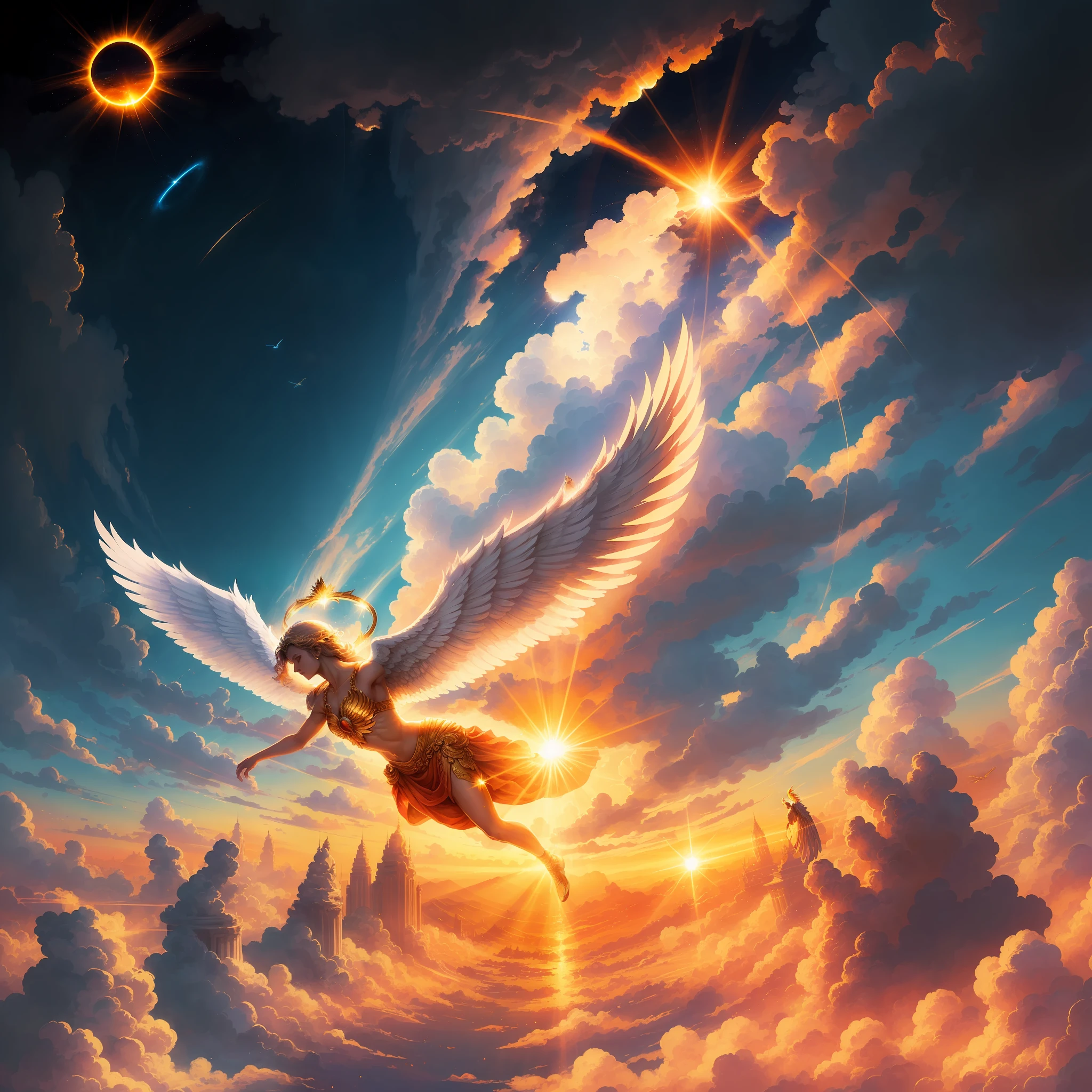 "Stunning depiction of Arch Angel Michael soaring through the sky, with impressive biblically accurate wings, a radiant halo, bathed in the golden glow of a breathtaking sunrise, surrounded by the ethereal beauty of solar rays." --auto
