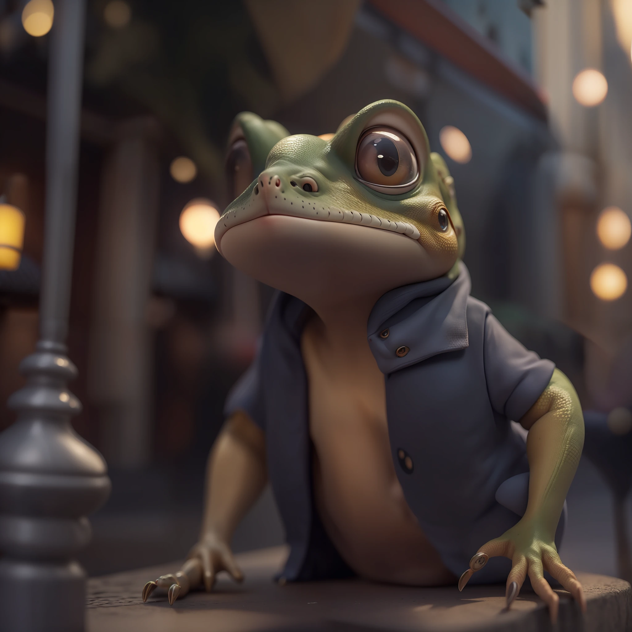 85MM FIXED，Cinematic shots，high definition 4k，A cute lizard，Chubby lizard，Big eyes，The expression is cute（Realistic facial details：2），((Old town at night，，the night，On the streets of the old town：1.2))