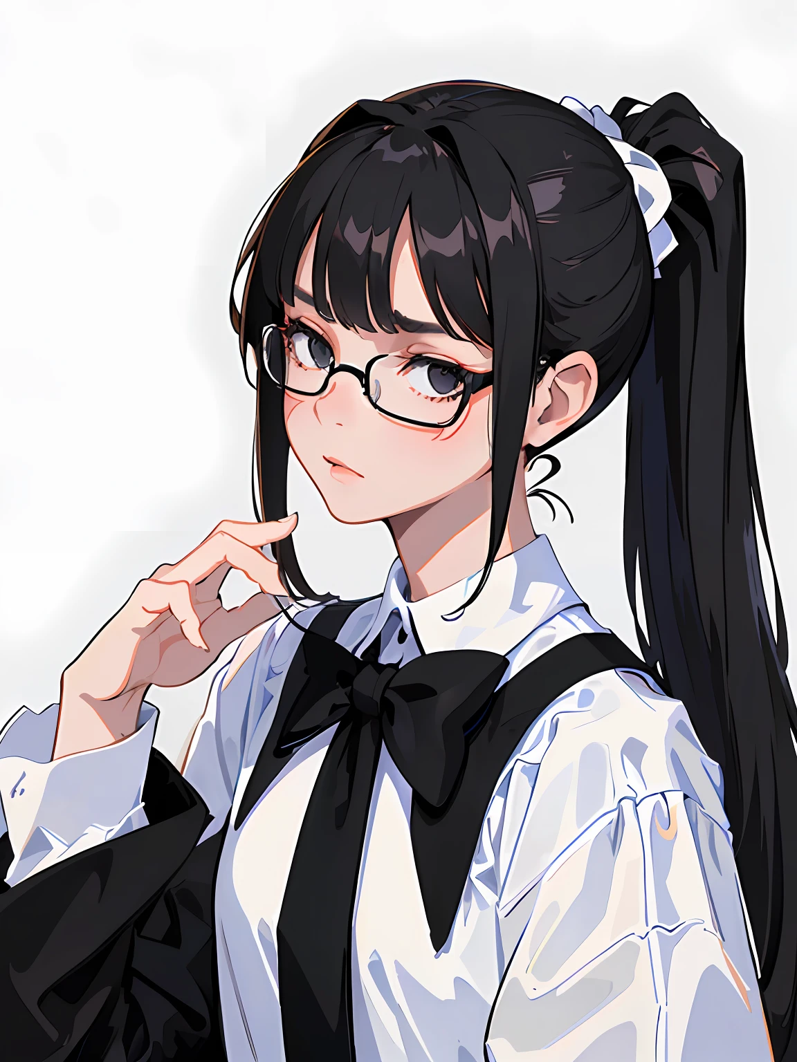 ((masterpiece, best quality)), (1girl), (solo), (female focus), Black ponytail hair, black eyes, ((white shirt,high school senior,The upper part of the body,The eyes are cold,The expression is serious,Black glasses,