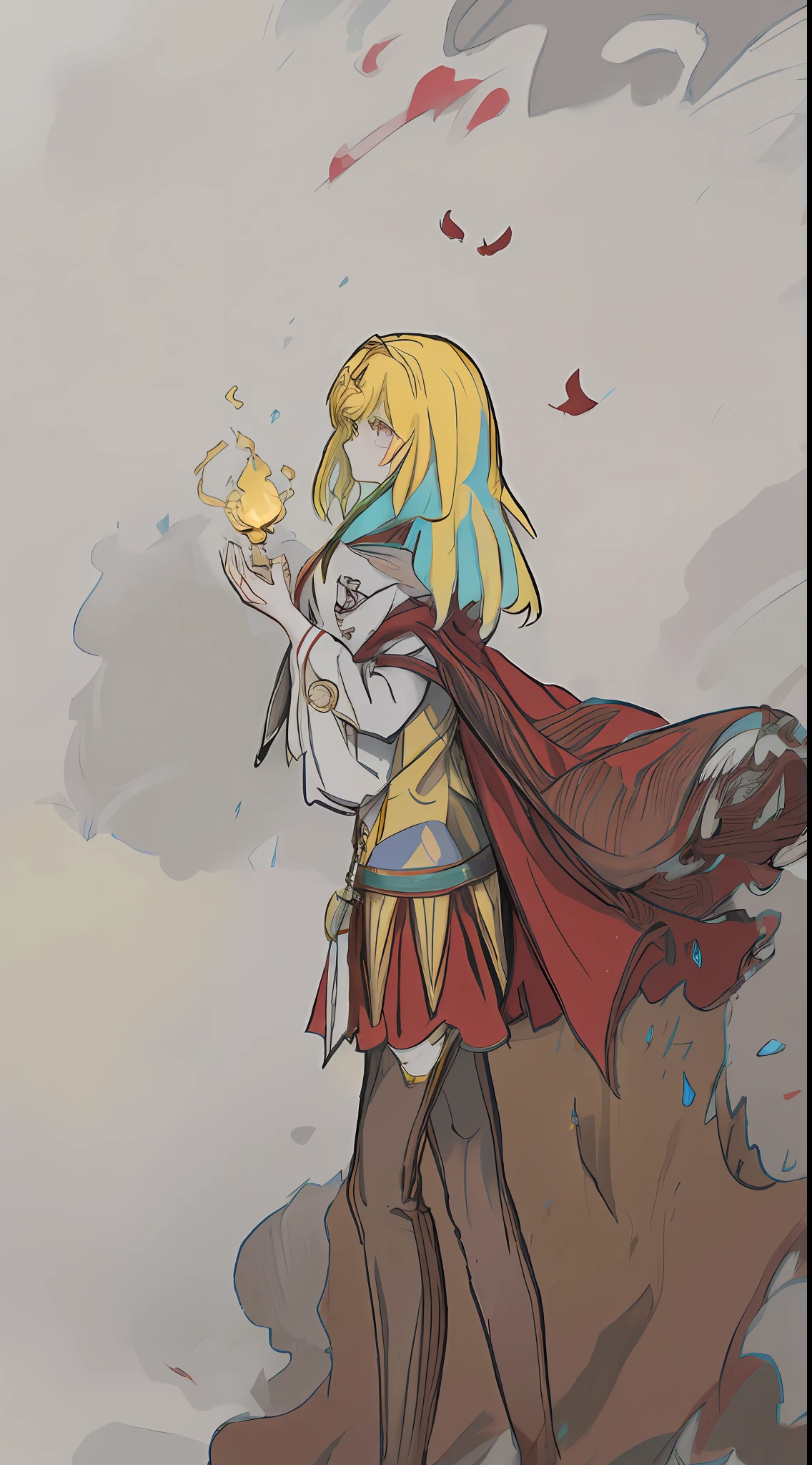 There is a painting，The painting shows a woman holding a sword and a bird, Half caller, half incense, alchemist girl, zerochan art, female mage!, line art in colour, /!\ sorceress woman, colored sketch, inspired by Li Chevalier, Aromatic, anime in fantasy style, line art in colour, botw style, made with anime painter studio