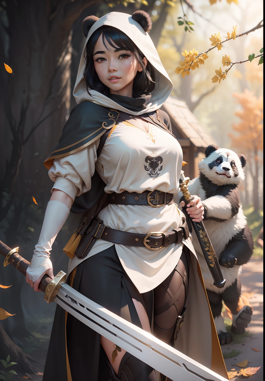 beautiful woman facing the camera black hair asian eyes, wearing a black and white panda hood holding a gleaming sword silver and gold Masterpiece, best quality, high quality, highly detailed CG unity 8k wallpaper beautiful landscape oil painting, award winning photography, bokeh, depth of field, HDR, bloom, chromatic aberration, photorealism, highly detailed, trending on artstation, on CGsociety Trending, intricate, high detail, dramatic, midjourney art and masterpiece, best quality, high quality, extremely detailed CG unity 8k wallpaper lush summer landscape with rolling green hills stretching towards the horizon, dotted with pink, yellow wildflowers, and purples, volumetric lighting and masterpiece, best quality, high quality, extremely detailed CG unity 8k wallpapers serene autumn landscape surrounded by trees in shades of golden yellow, fiery red and burnt orange. The crisp air is laced with the sweet aroma of fallen leaves and wood smoke. The ground is covered with a golden folia --auto