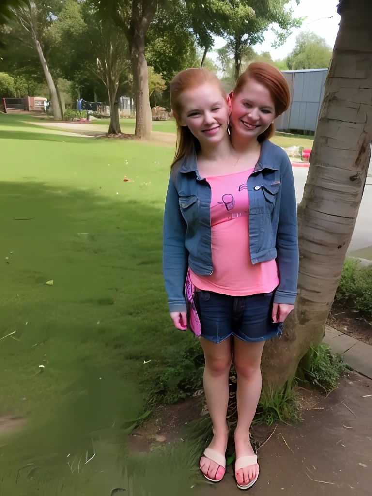 2heads, two headed girl, (one torso:1.5), (female:1.5), (redhead:1.4), (teenager:1.4), (caucasian:1.5), (two heads on one body:1.4), conjoined twins, heads side by side, one torso, young, uncomfortable, barefoot